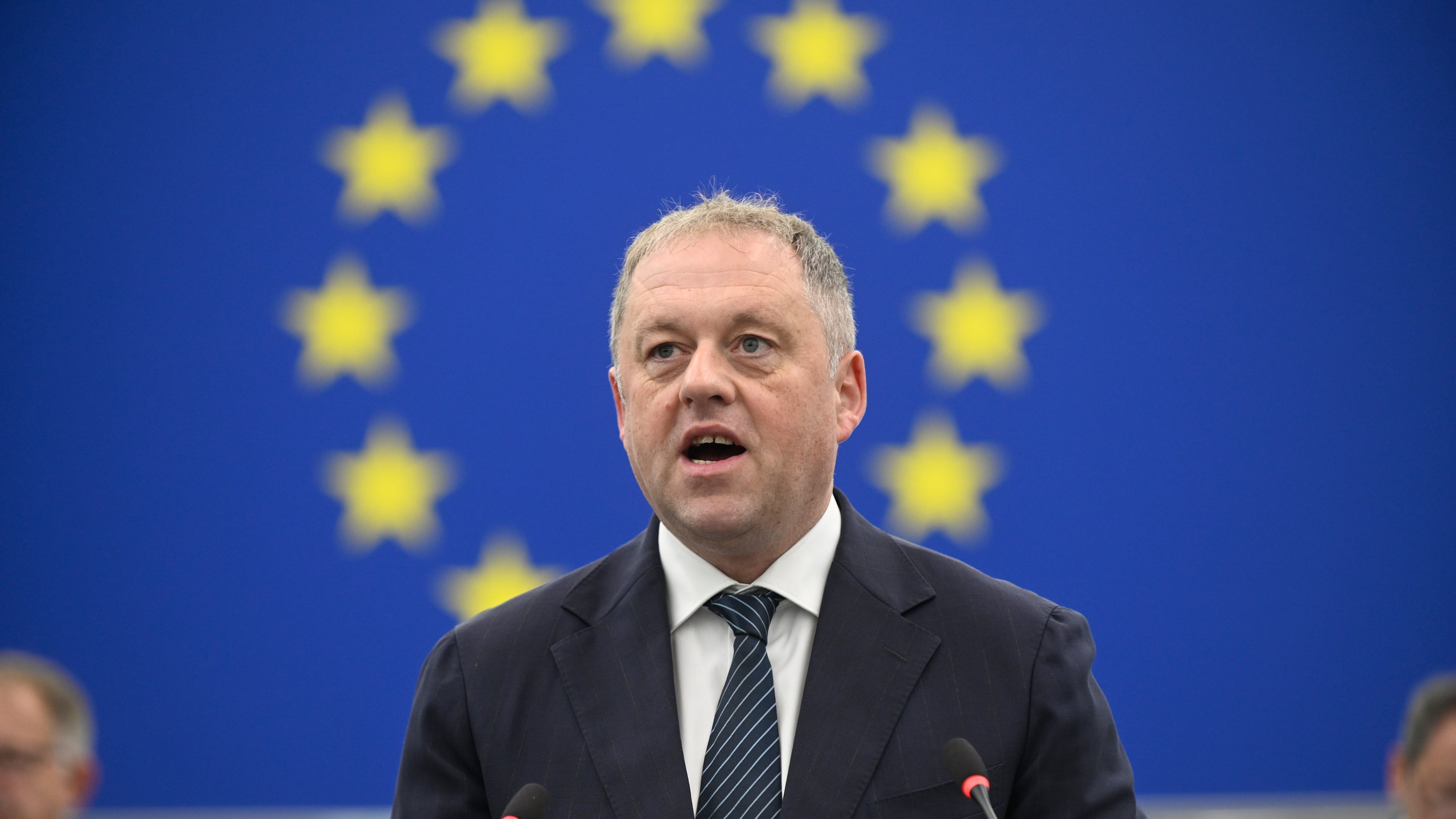 Irish Minister of State for European Affairs Thomas Byrne attends a joint debate ahead to the 15-16 October EU summit in Strasbourg, France, Tuesday, Oct. 6, 2026. (AP Photo/Pascal Bastien)