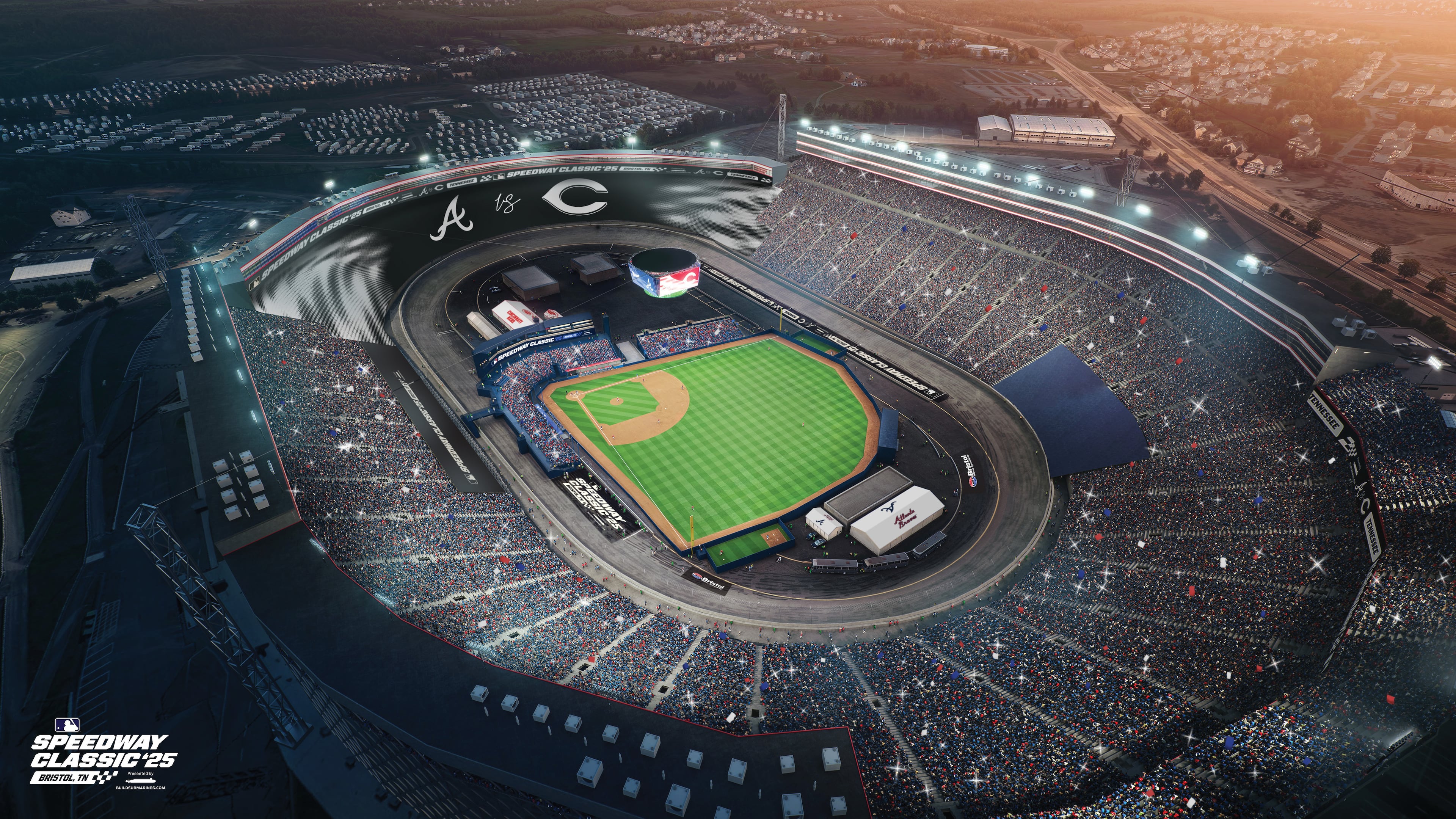The Braves will play the Reds at Bristol Motor Speedway on Aug. 2, 2025. A rendering of how the race track will be set up for baseball.