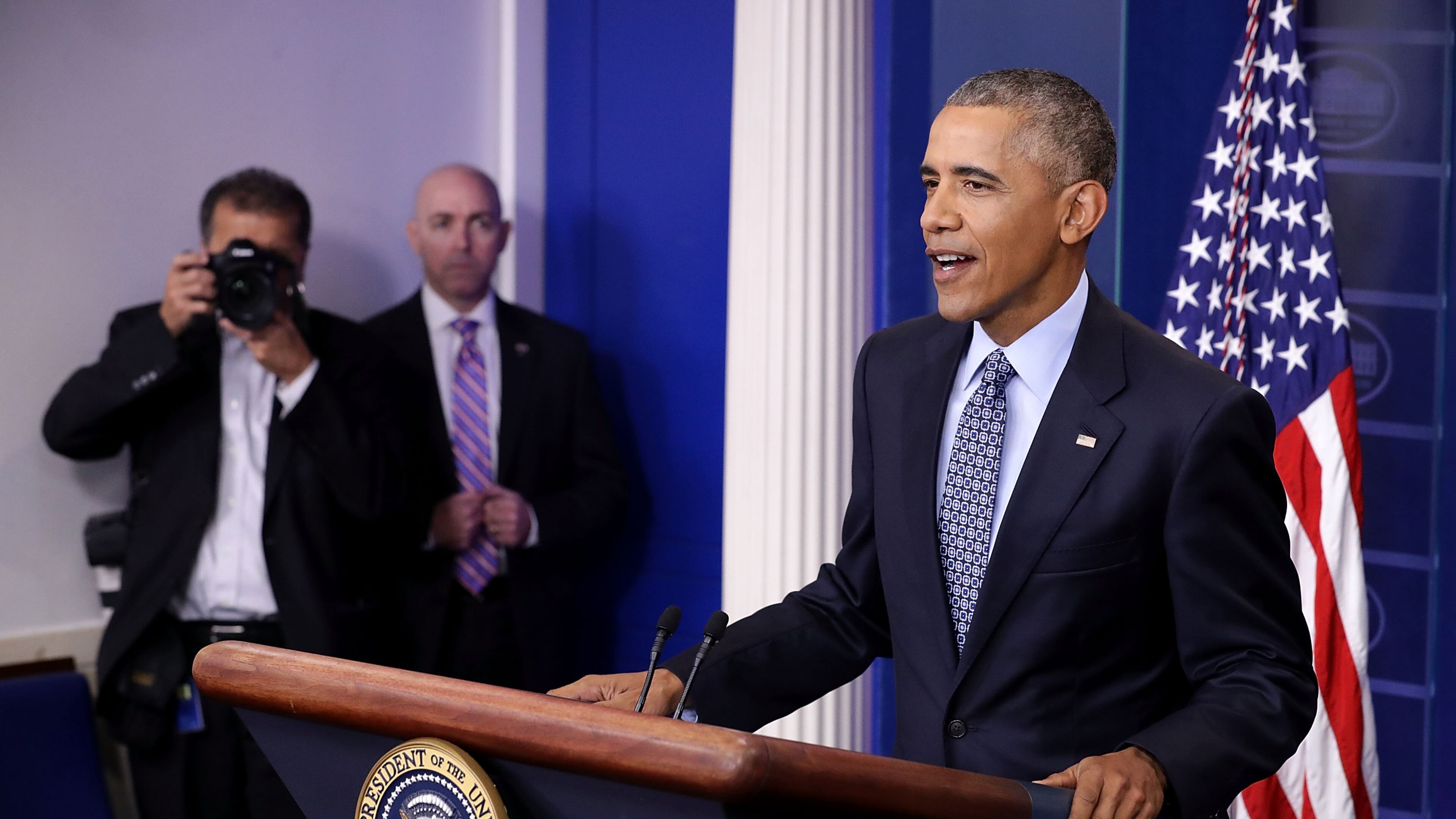 WASHINGTON, DC - JANUARY 18: U.S. President Barack Obama holds the last news conference of his presidency in the Brady Press Briefing Room at the White House January 18, 2017 in Washington, DC. This was Obama's final question-and-answer session with reporters before New York real estate mogul and reality television personality Donald Trump is sworn in as the 45th president of the United States on Friday. (Photo by Chip Somodevilla/Getty Images)