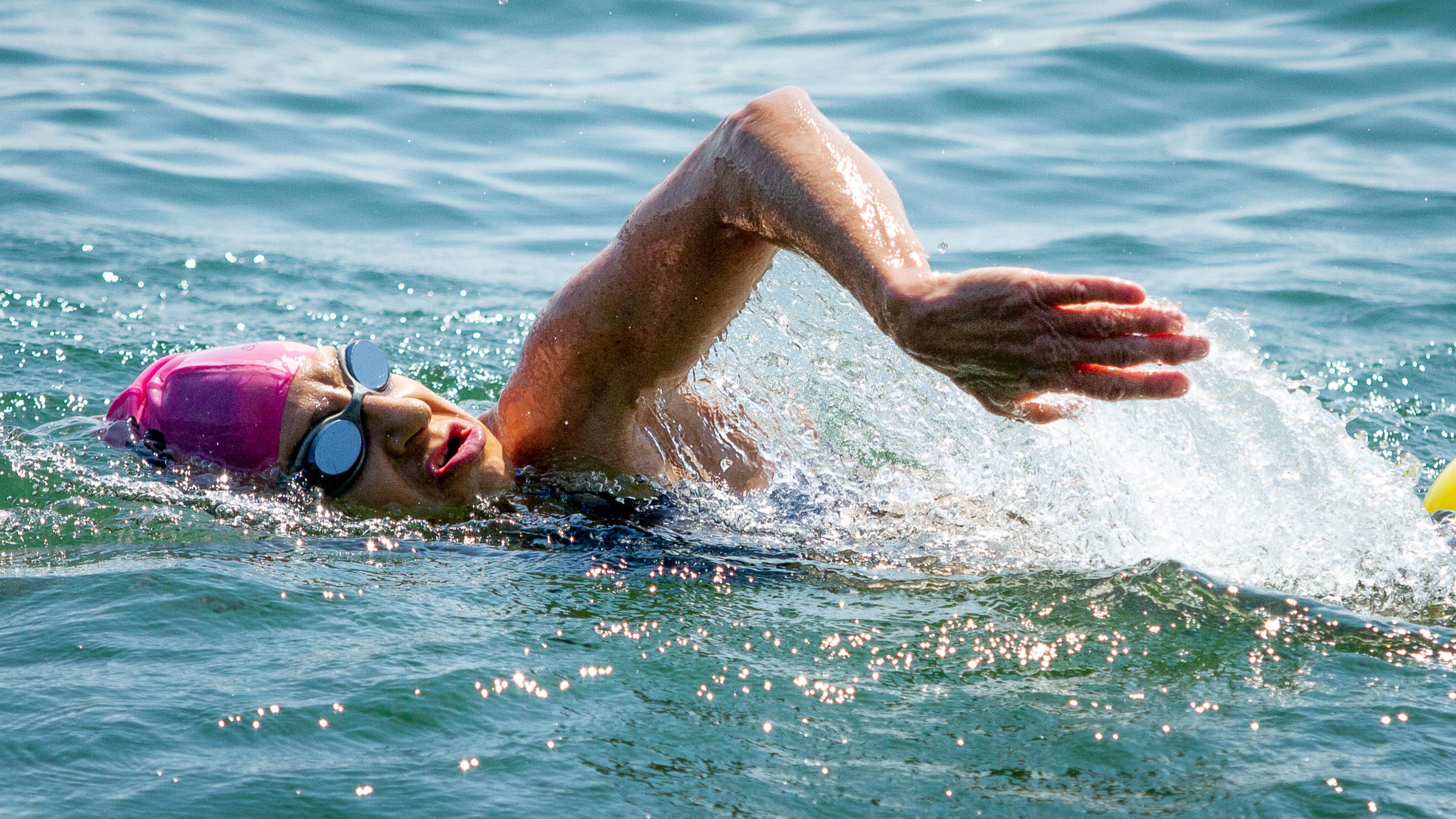 Hilary Cohen finishes up her 3-mile swim in Lake Lanier near Mary Alice Beach Park in Cumming July 5, 2020. STEVE SCHAEFER FOR THE ATLANTA JOURNAL-CONSTITUTION