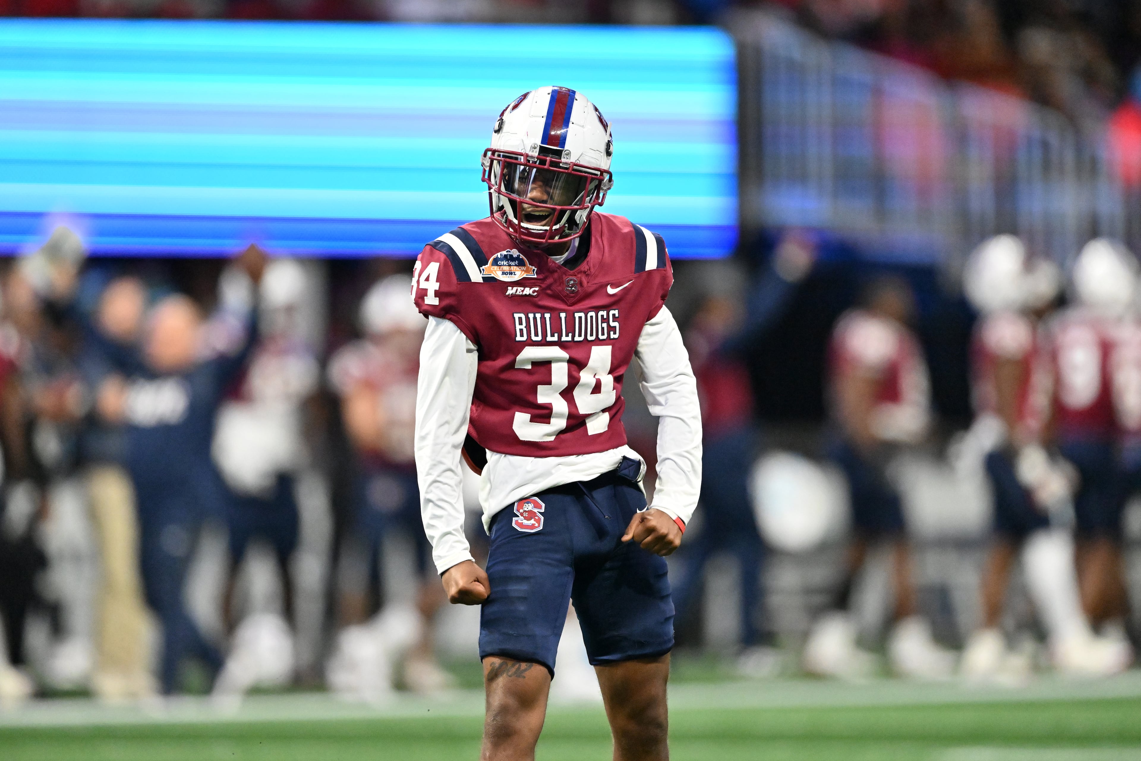 South Carolina State punter Dyson Roberts (34) reacts during the first half in 2024 Cricket Celebration Bowl at Mercedes-Benz Stadium, Saturday, December 14, 2024, in Atlanta. (Hyosub Shin / AJC)