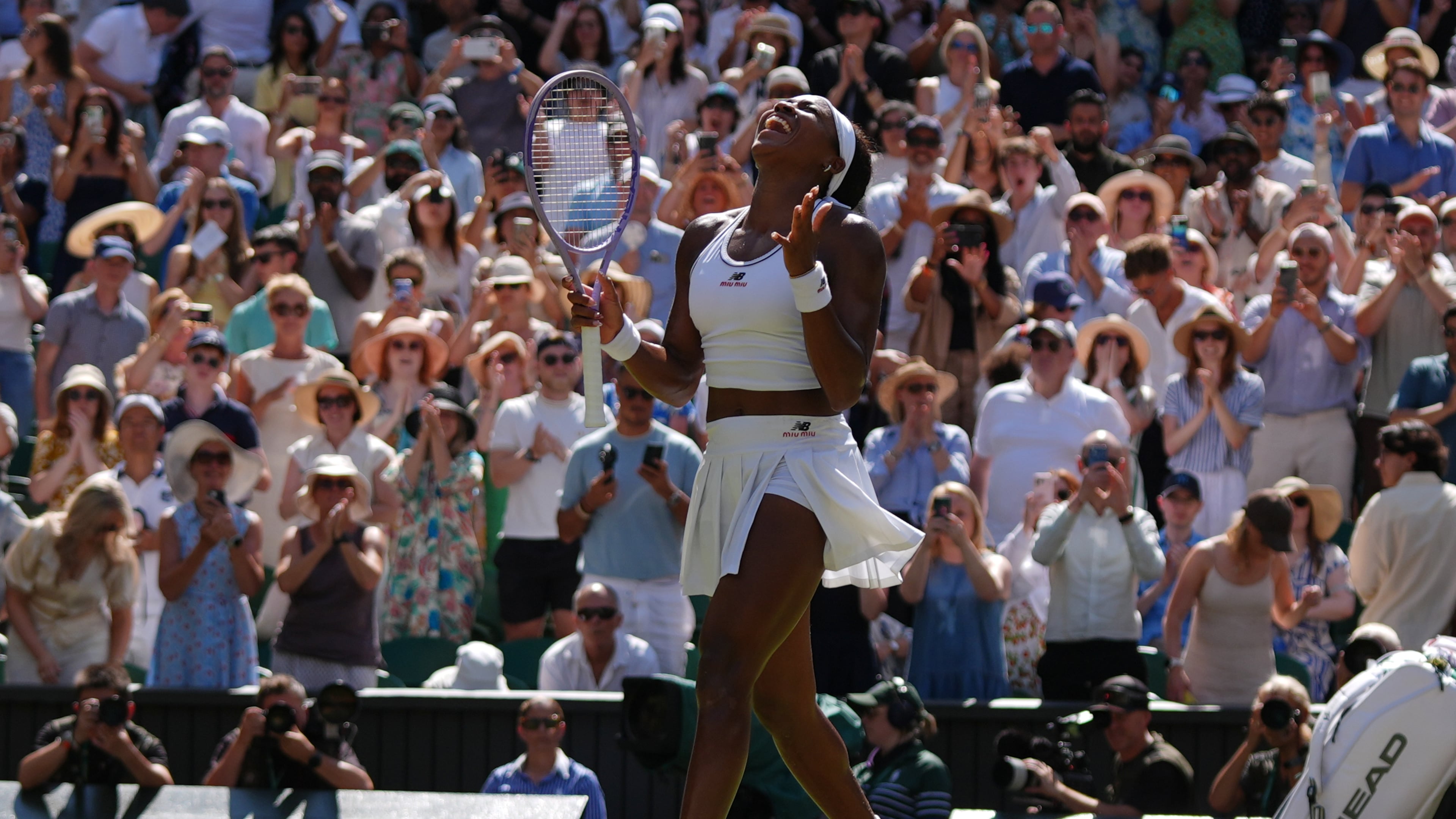 Coco Gauff of the United States celebrates winning the women's singles quarter-final match against Jessica Pegula of the United States at the Wimbledon Tennis Championships in London, Tuesday, July 7, 2026.(AP Photo/Maja Smiejkowska)