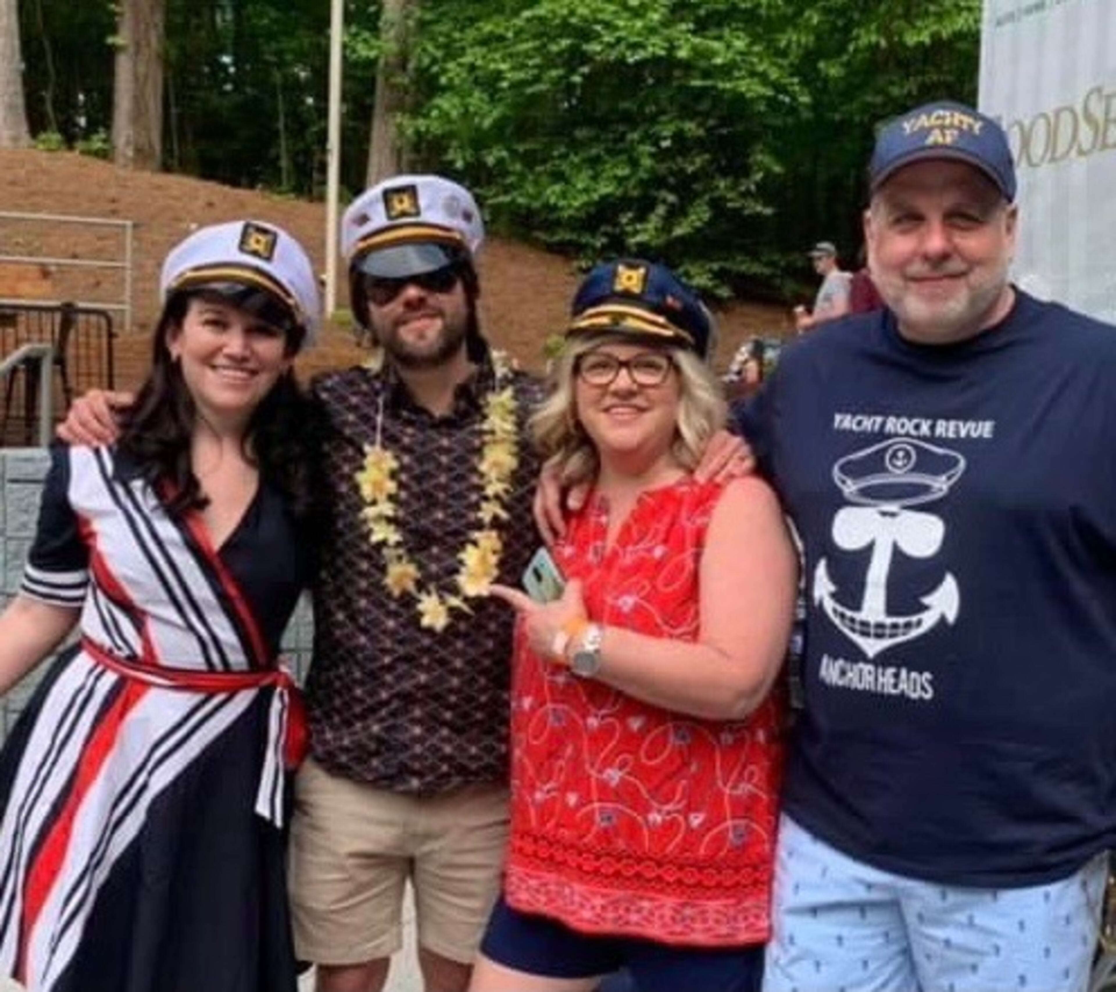 Founders of the Yacht Rock Revue fan club the Anchorheads at an April 2021 concert at Frederick Brown Amphitheatre in Peachtree City include, from left, Ella Leitner from New York City, Will Fisher from Knoxville, Tennessee. and Michelle and Cody Painter from Burlington, Kentucky. CONTRIBUTED