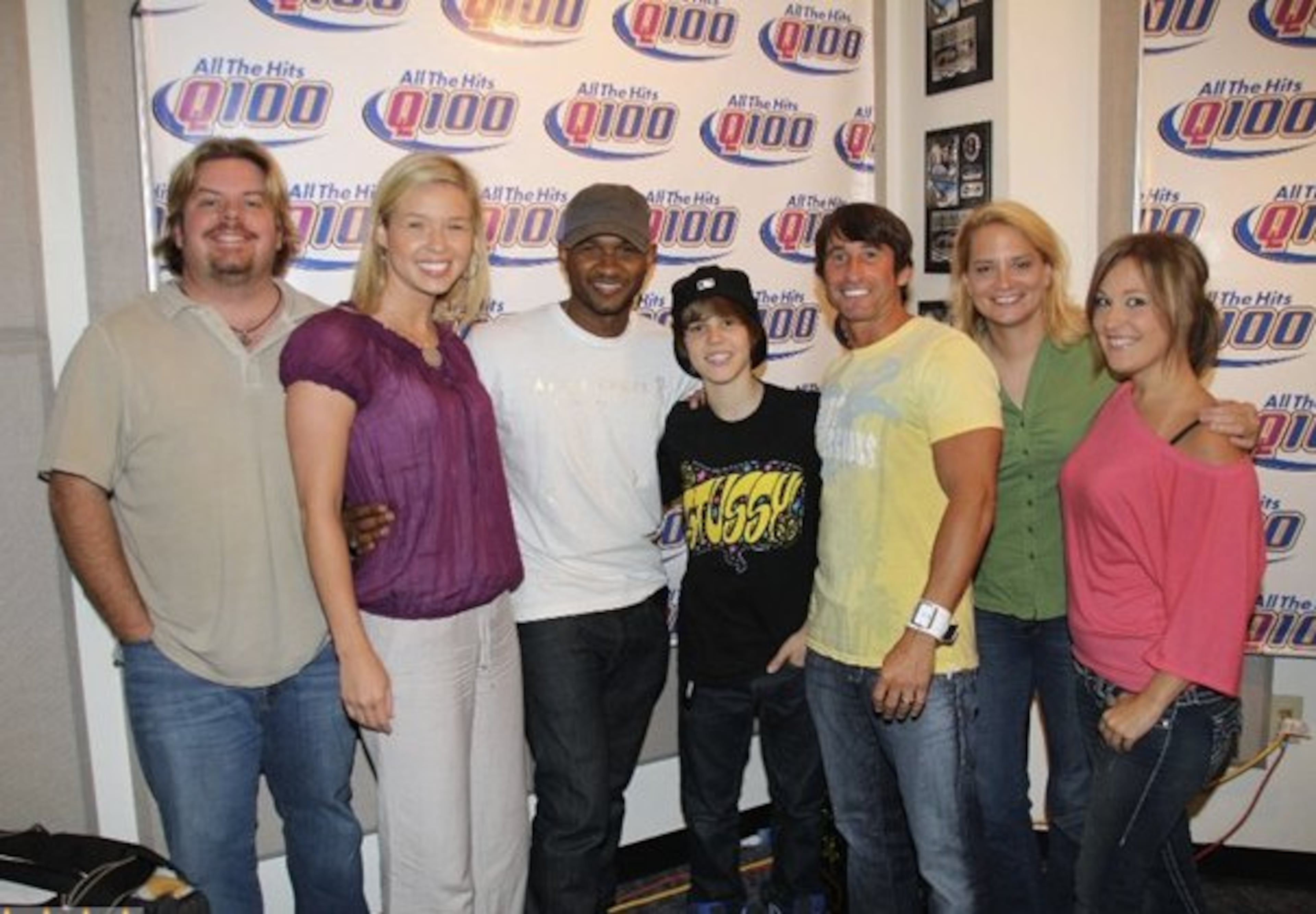 The Bert Show in 2011 (l-r): Jeff Dauler, Jenn Hobby, Usher, Justin Bieber, Bert Weiss, Melissa Carter, Wendy Adams