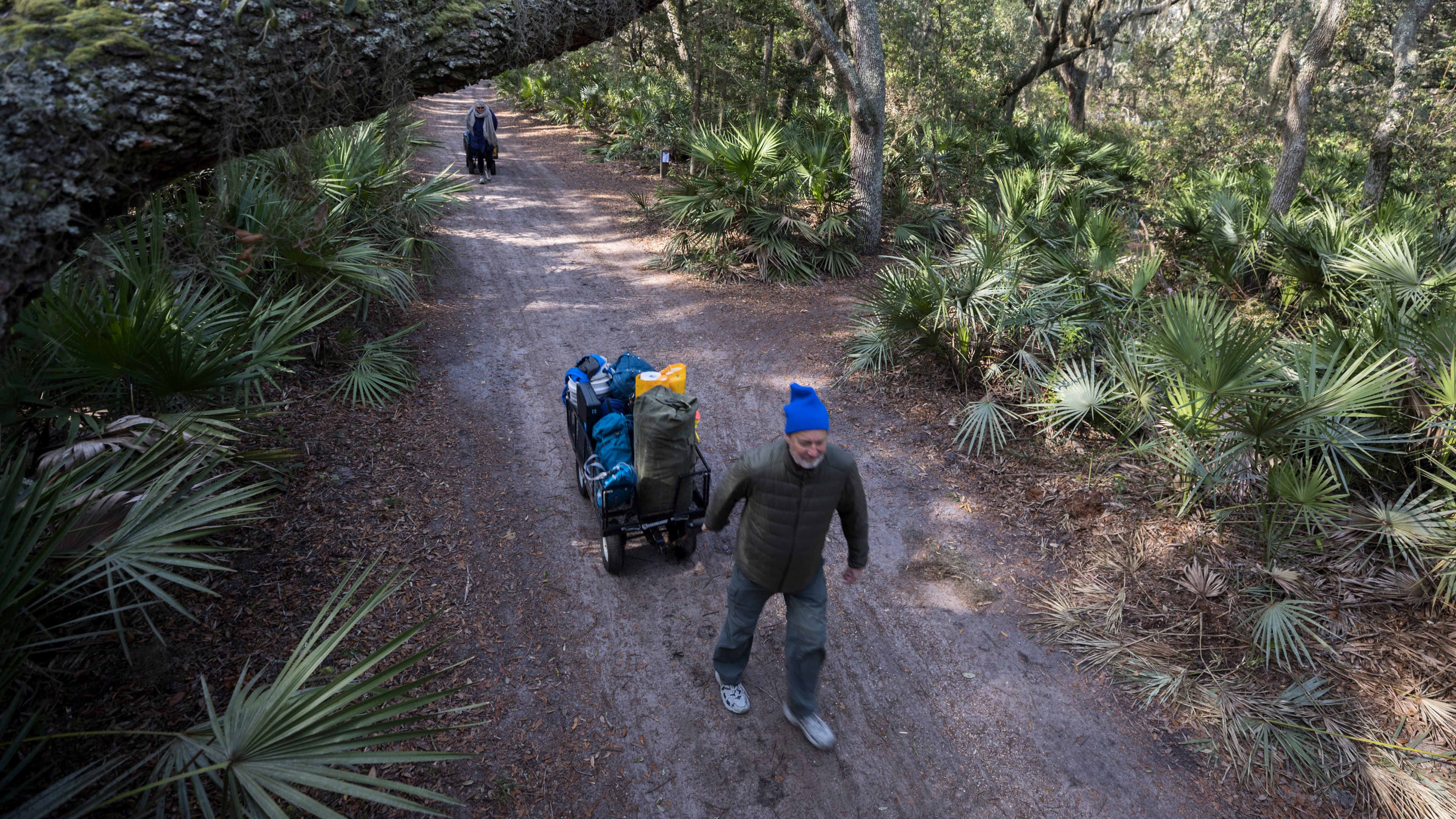 Visitors to Cumberland Island's Sea Camp campground pull carts full of gear for a three-night trip. The National Park Service has approved a change to its visitor use plan that expands access to the isiand. (Stephen B. Morton for the AJC 2022)