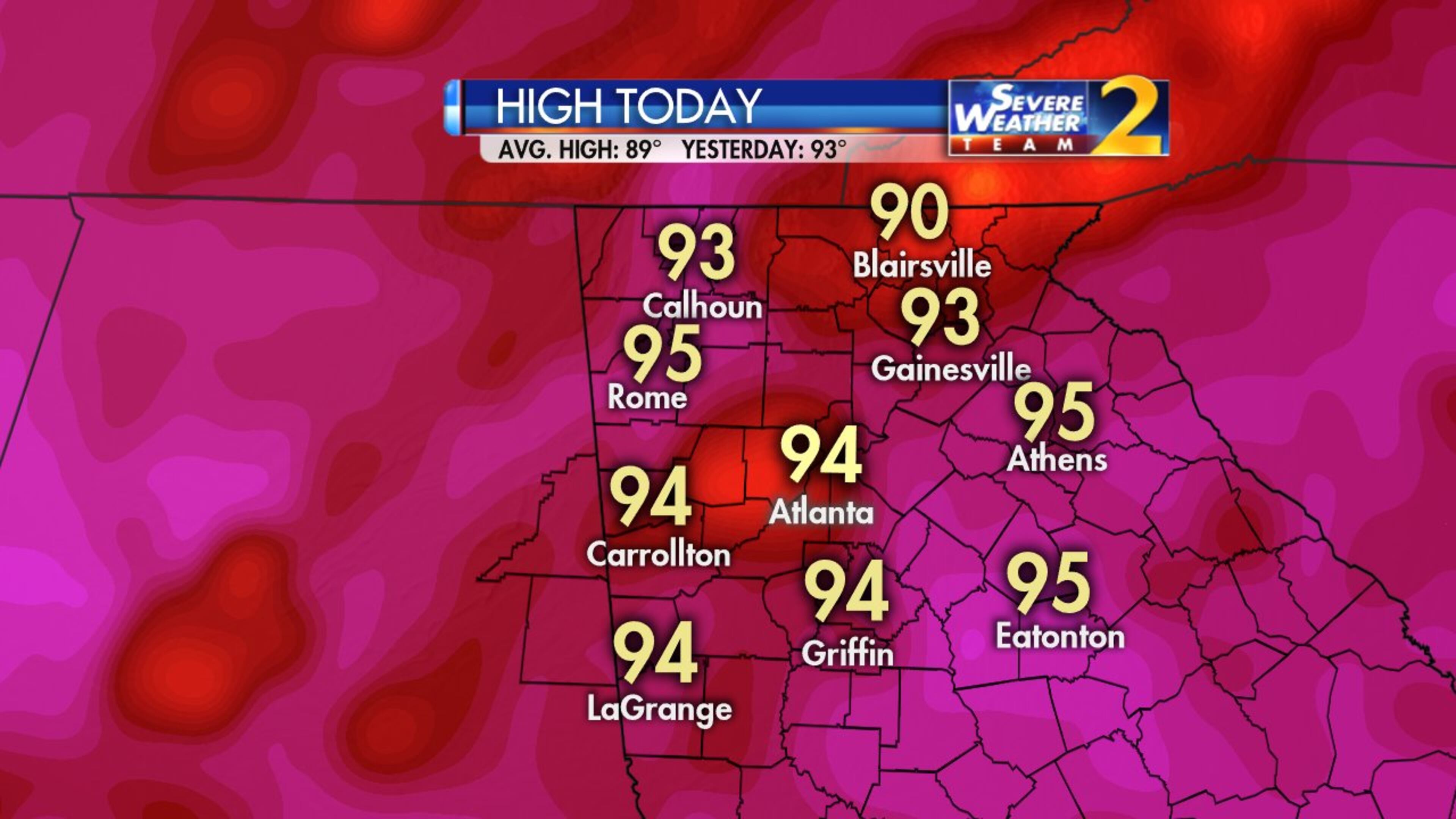 Highs are forecast to reach the mid-90s in metro Atlanta. (Credit: Channel 2 Action News)