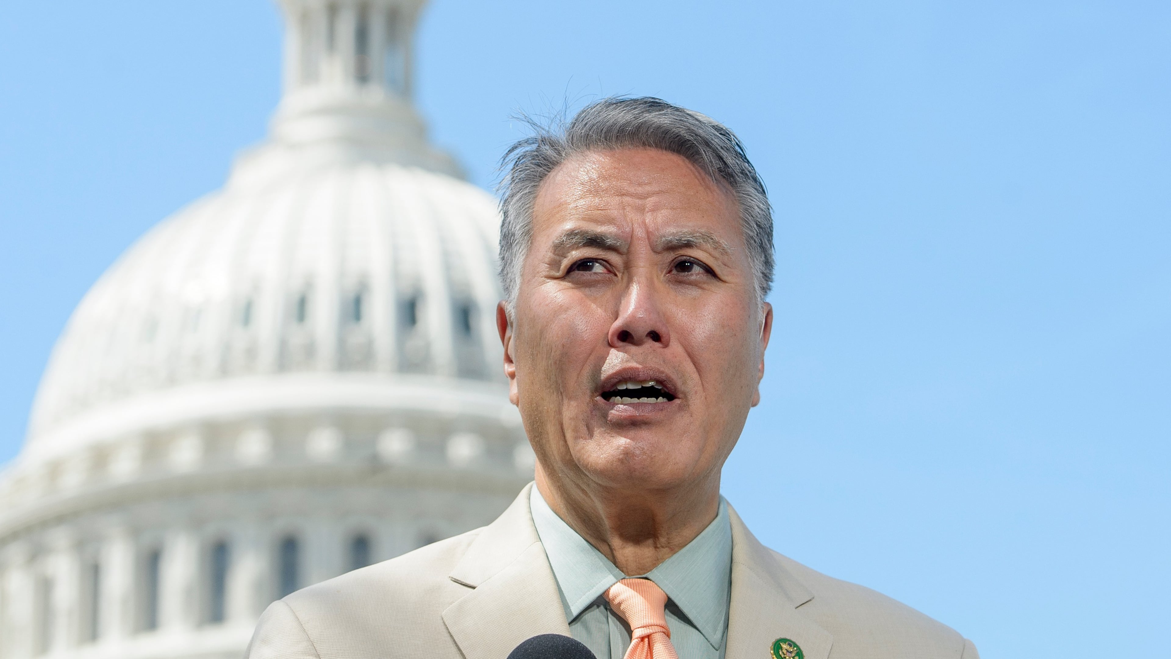 FILE - Rep. Mark Takano, D-Calif., speaks during a news conference on the Equality Act at the Capitol, April 29, 2025, in Washington. (AP Photo/Rod Lamkey, Jr., File)