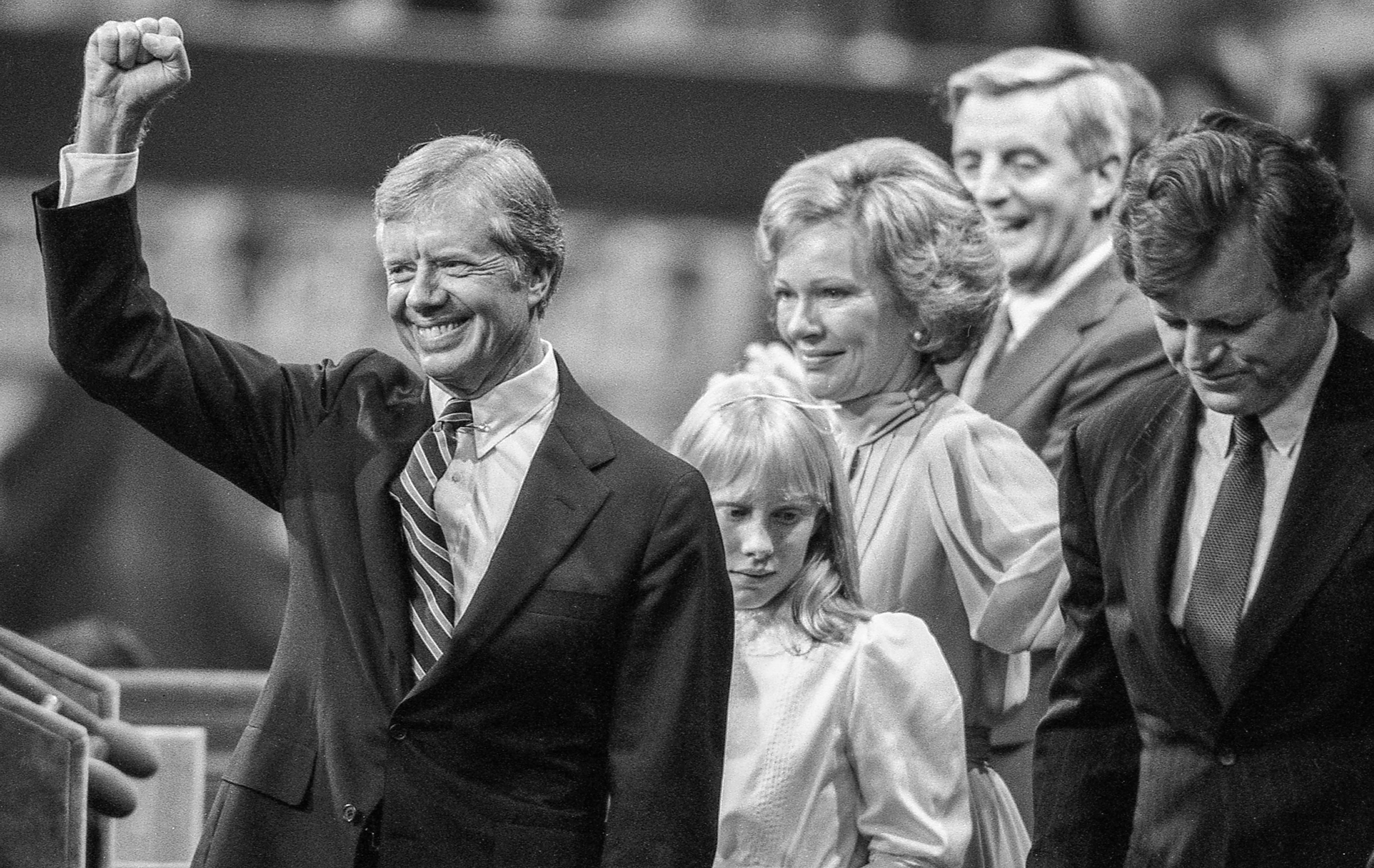 President Jimmy Carter embarked on his campaign for re-election on Aug. 14, 1980, at Madison Square Garden in New York City after The Democratic National Convention renominated him. Joining him on the platform were Amy Carter, Rosalynn Carter, Vice President Walter Mondale and Carter's Democratic rival, Sen. Edward Kennedy, who congratulated the president after his acceptance speech. (John Spink / Shot for the Kansas City Times)