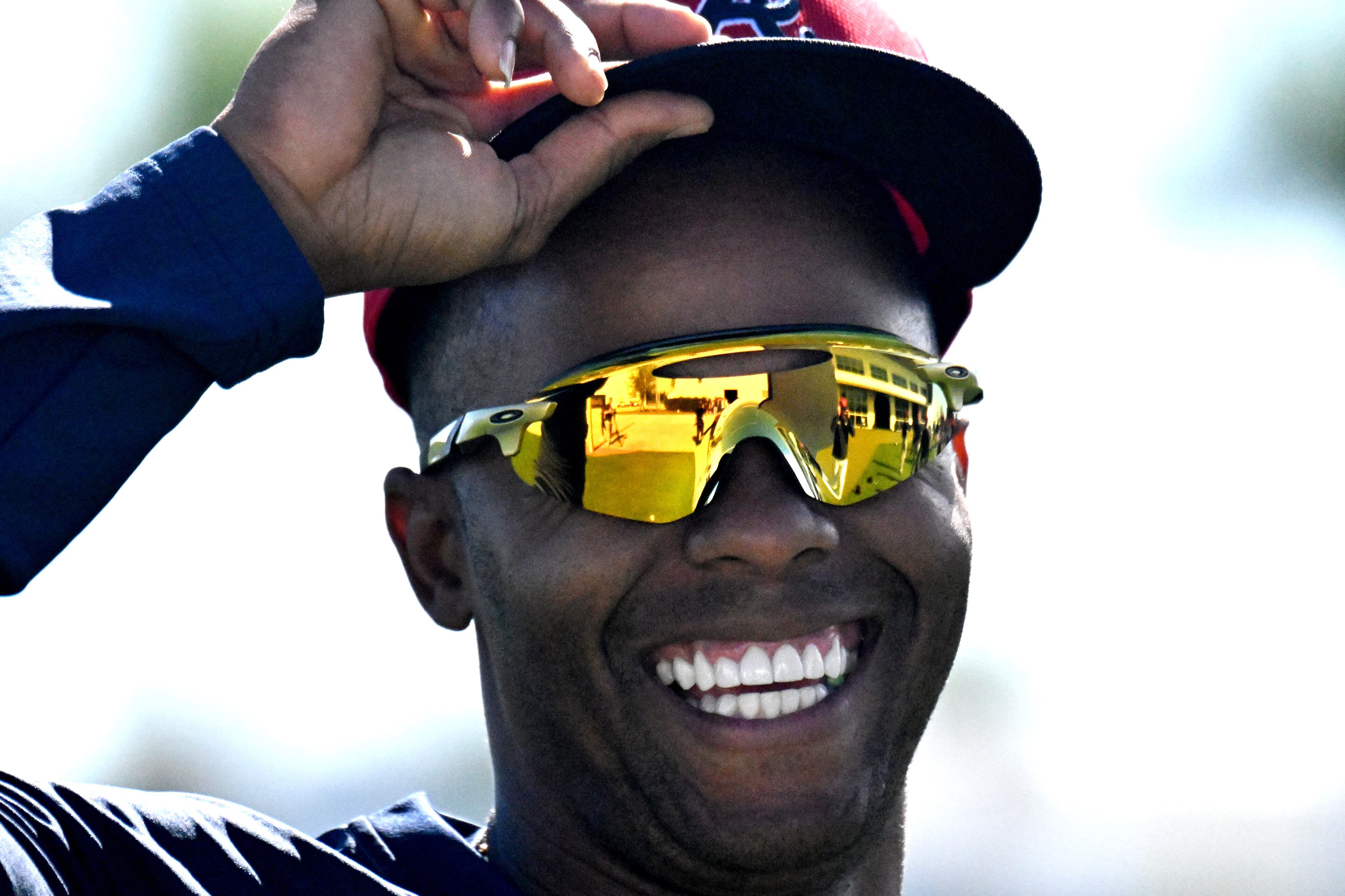 Braves relief pitcher Raisel Iglesias smiles during spring training at CoolToday Park in North Port, Florida on Wednesday, Feb., 14, 2024. (Hyosub Shin / Hyosub.Shin@ajc.com)