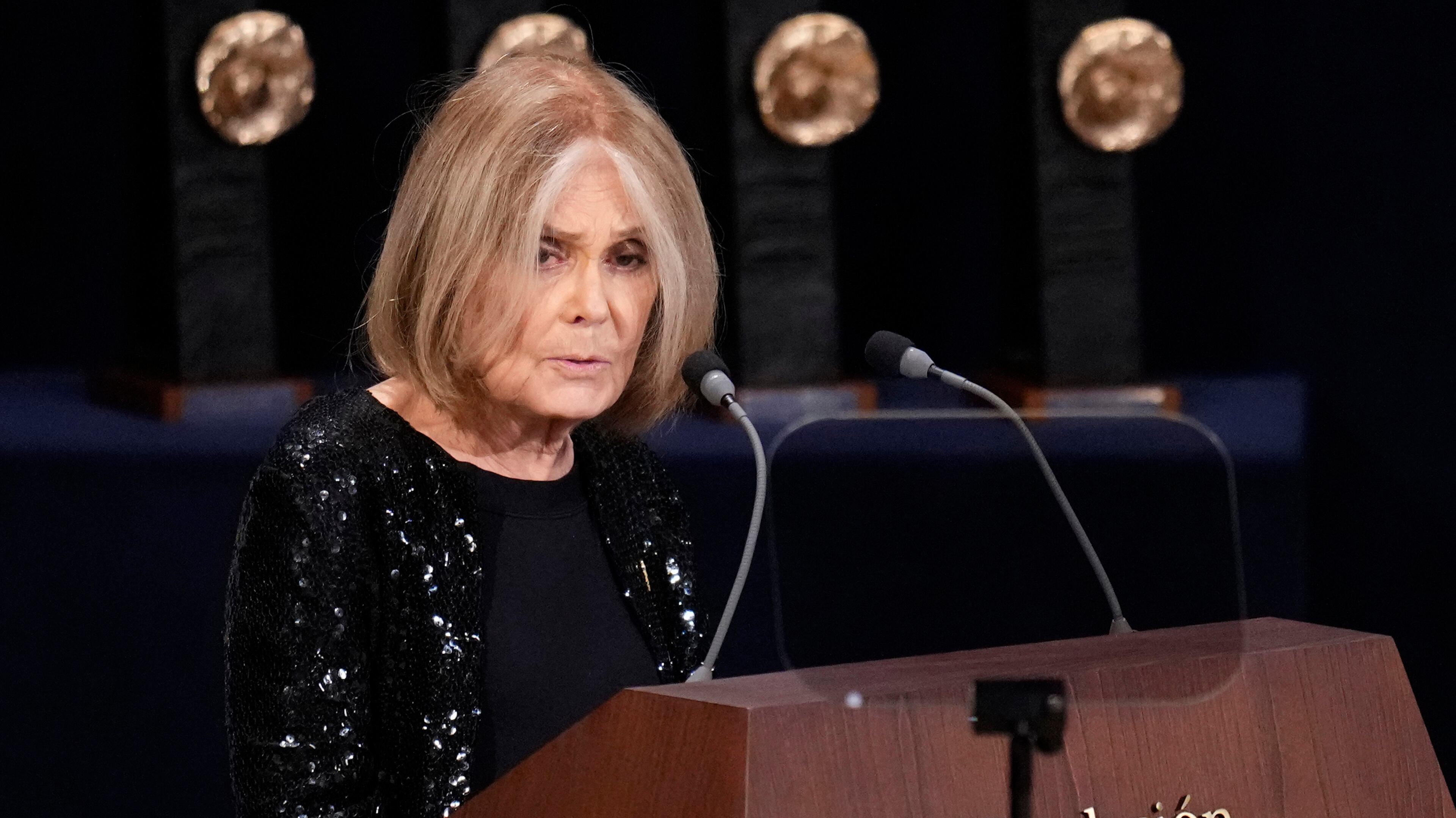 FILE - Gloria Steinem speaks during the 2021 Princess of Asturias Awards ceremony in Oviedo, northern Spain, Oct. 22, 2021. (AP Photo/Manu Fernandez, File)
