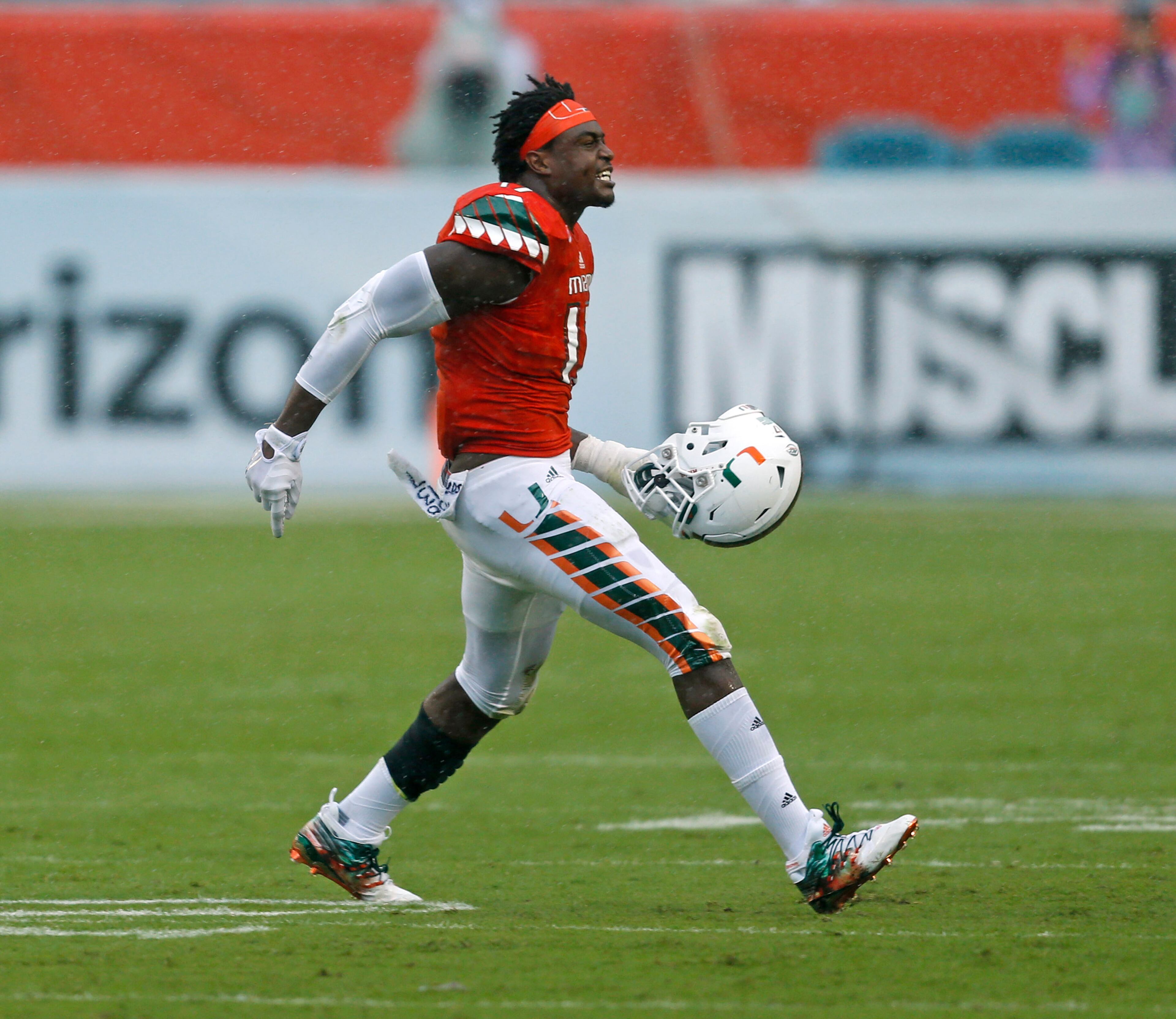 MIAMI GARDENS, FL - NOVEMBER 21: Tyriq McCord #17 of the Miami Hurricanes celebrates as he comes off the field after sacking the Georgia Tech Yellow Jackets quarterback during third quarter action on November 21, 2015 at Sun Life Stadium in Miami Gardens, Florida.(Photo by Joel Auerbach/Getty Images)