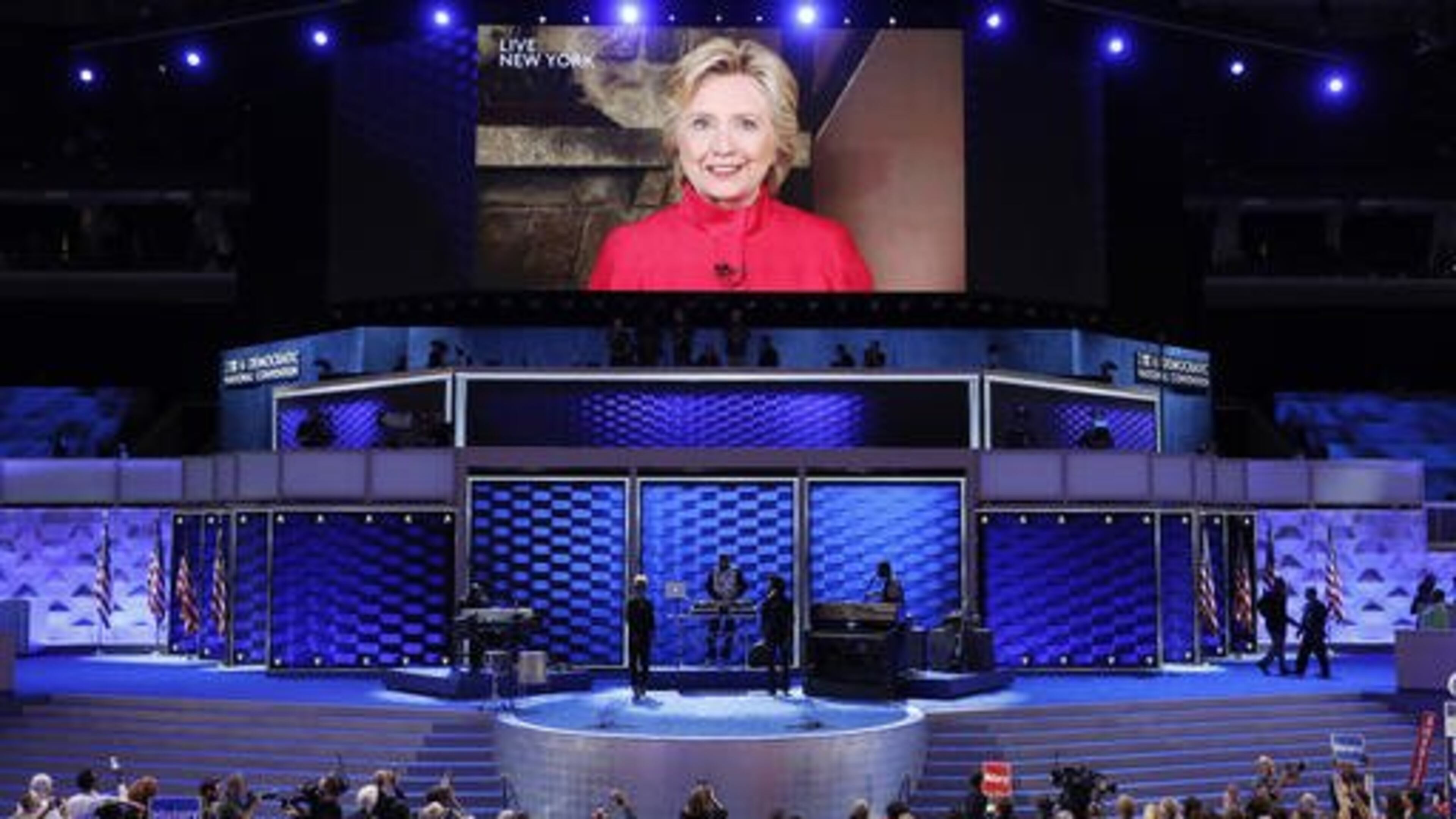 Democratic Presidential candidate Hillary Clinton appears on a large monitor to thank delegates during the second day of the Democratic National Convention in Philadelphia on Tuesday. (AP/J. Scott Applewhite)