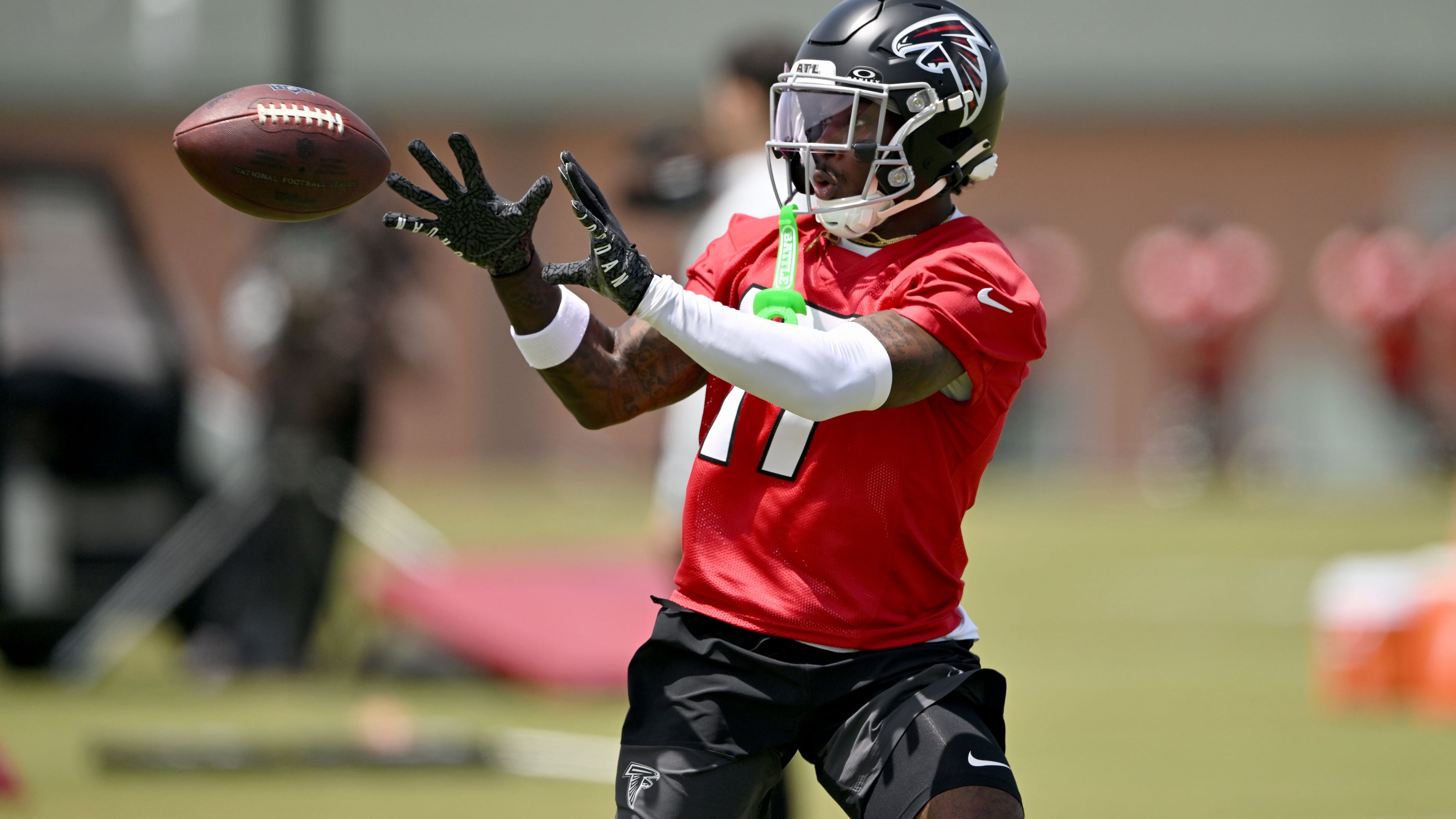Falcons rookie wide receiver Zachariah Branch runs a drill during rookie minicamp at the team’s training facility on Friday, May 8, 2026, in Flowery Branch. (Hyosub Shin/AJC)