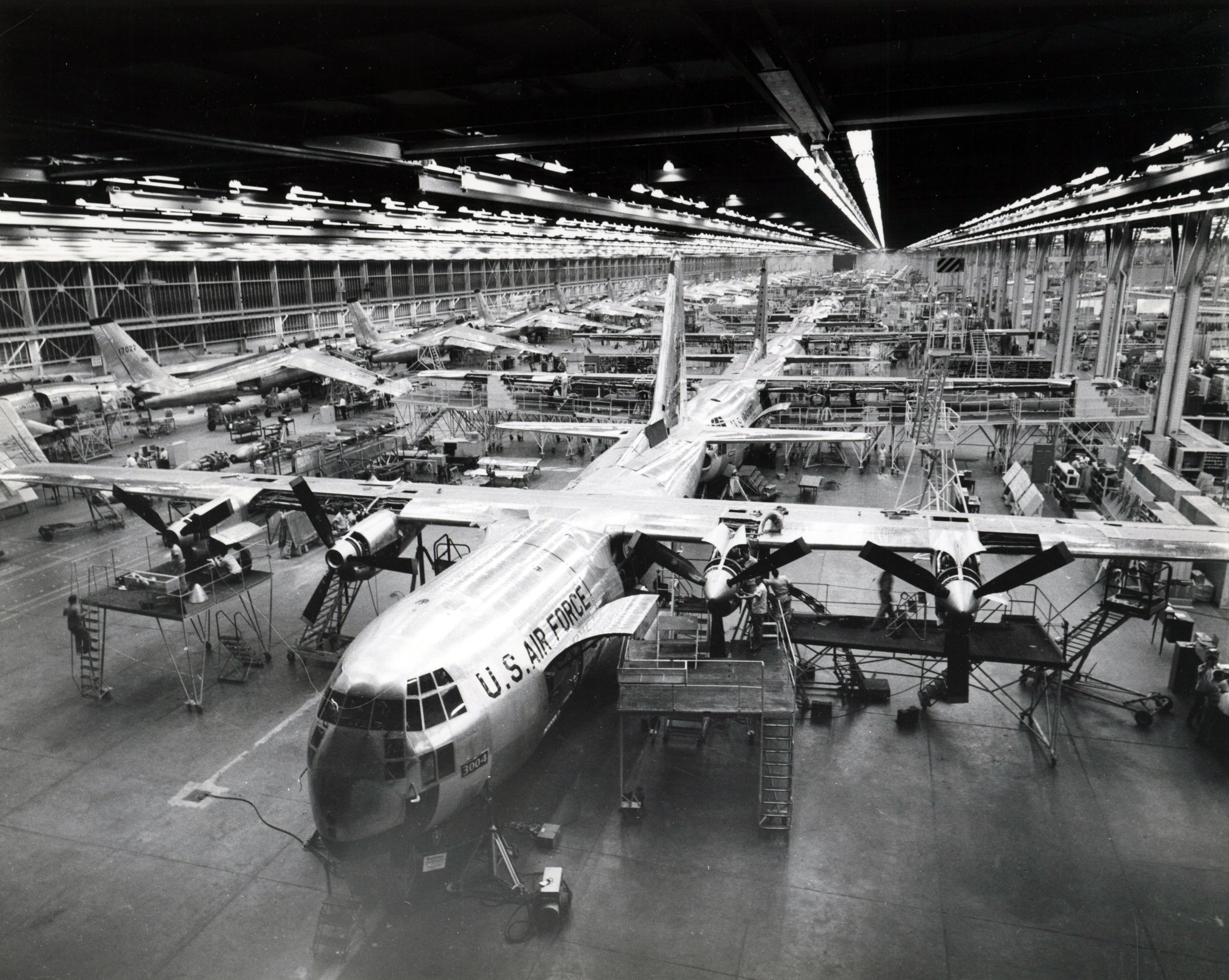 The C-130 A was built via an assembly line at the Marietta complex in 1956. (Courtesy of Lockheed Martin)