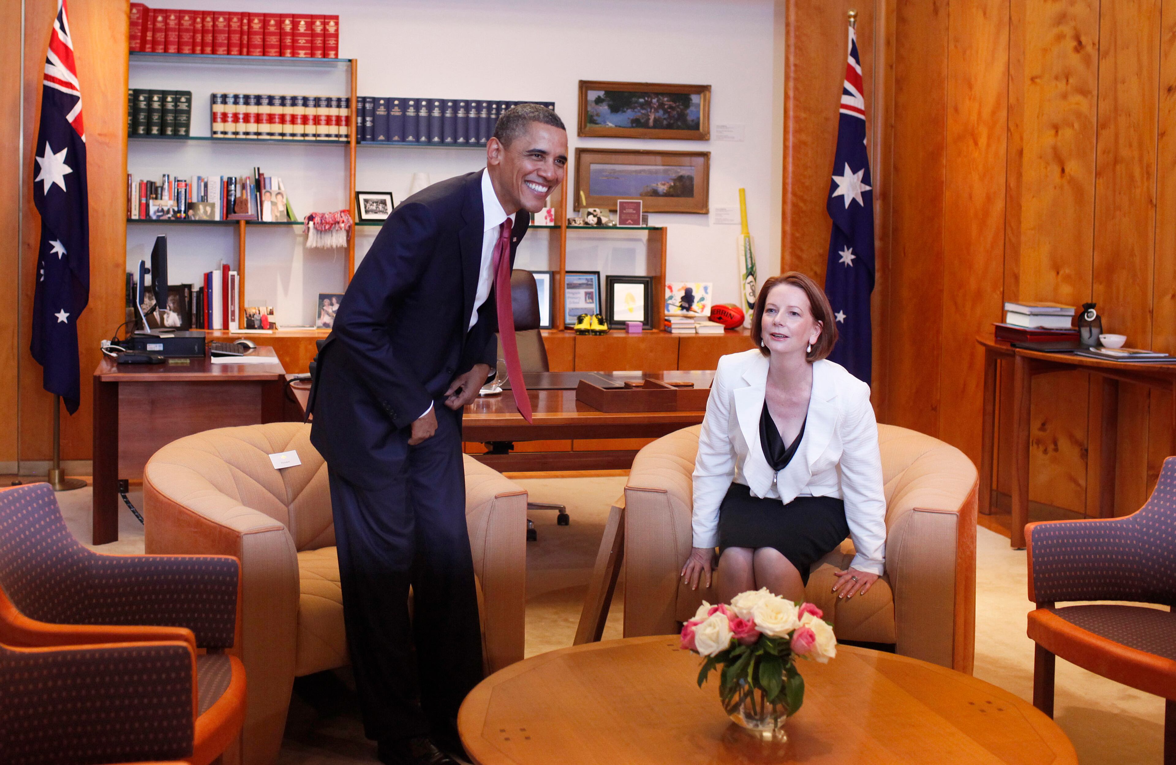 U.S. President Barack Obama arrives for a meeting with Australian Prime Minister Julia Gillard in her office at Parliament house on the first day of his 2-day visit to Australia, on November 16, 2011 in Canberra, Australia. The President will today receive a Cermeonial Welcome, attend a bi-lateral meeting and hold a joint media conference with Julia Gillard, and attend a Parliamentary Dinner this evening, before addressing Parliament and heading to Darwin tomorrow. (Photo by Lukas Coch - Pool/Getty Images)