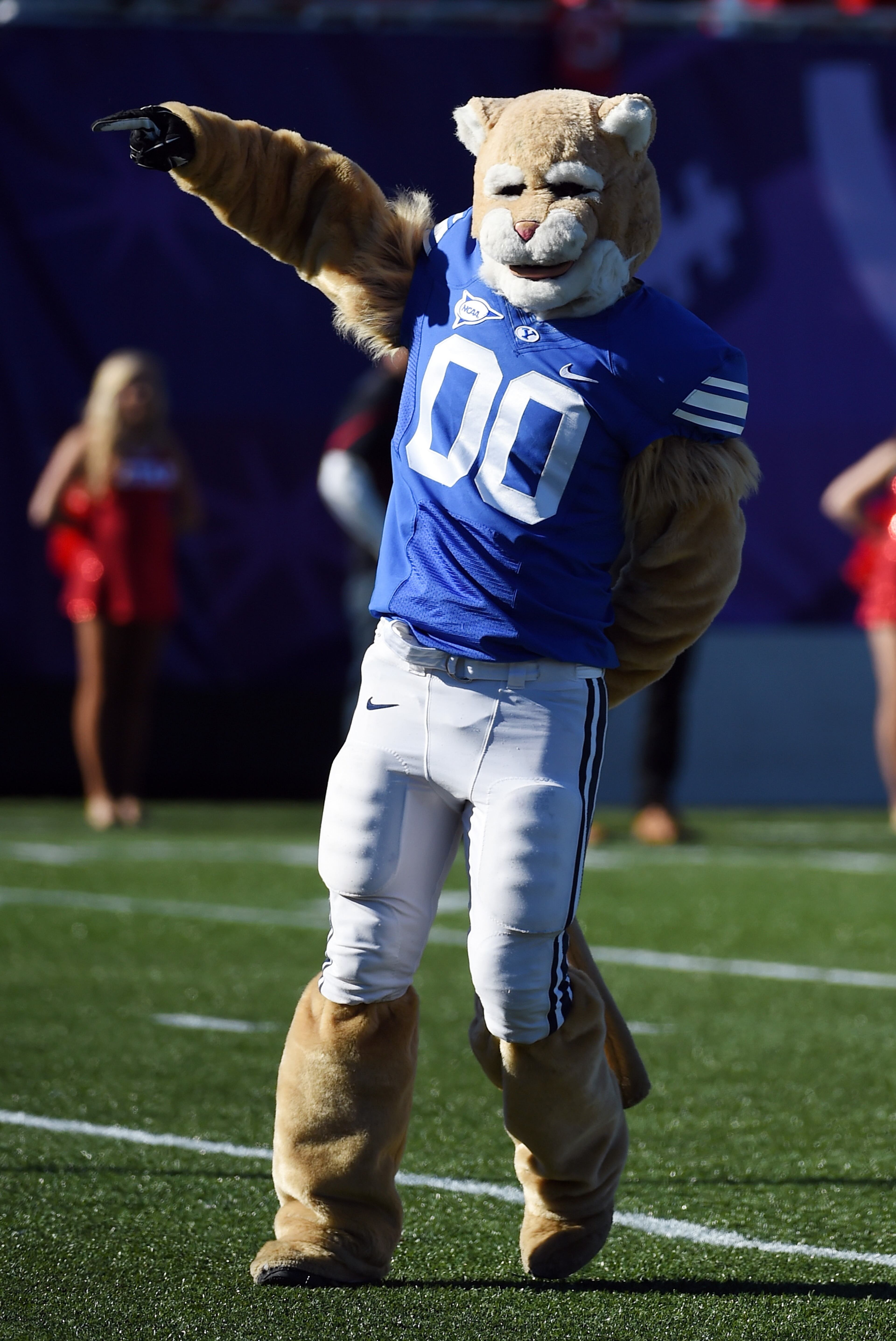 LAS VEGAS, NV - DECEMBER 19: Brigham Young Cougars mascot Cosmo the Cougar runs onto the field at the beginning of the team's game against the Utah Utes in the Royal Purple Las Vegas Bowl at Sam Boyd Stadium on December 19, 2015 in Las Vegas, Nevada. Utah won 35-28. (Photo by Ethan Miller/Getty Images)