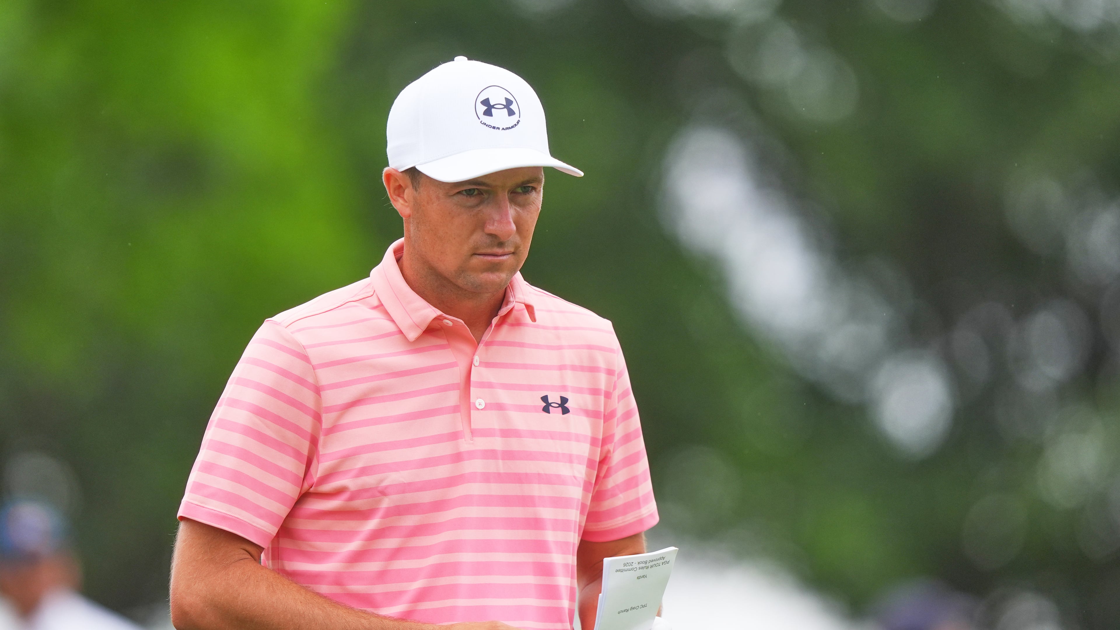 Jordan Spieth looks up as he walks from the 11th tee box during the first round of the Byron Nelson golf tournament in McKinney, Texas, Thursday, May 21, 2026. (AP Photo/LM Otero)
