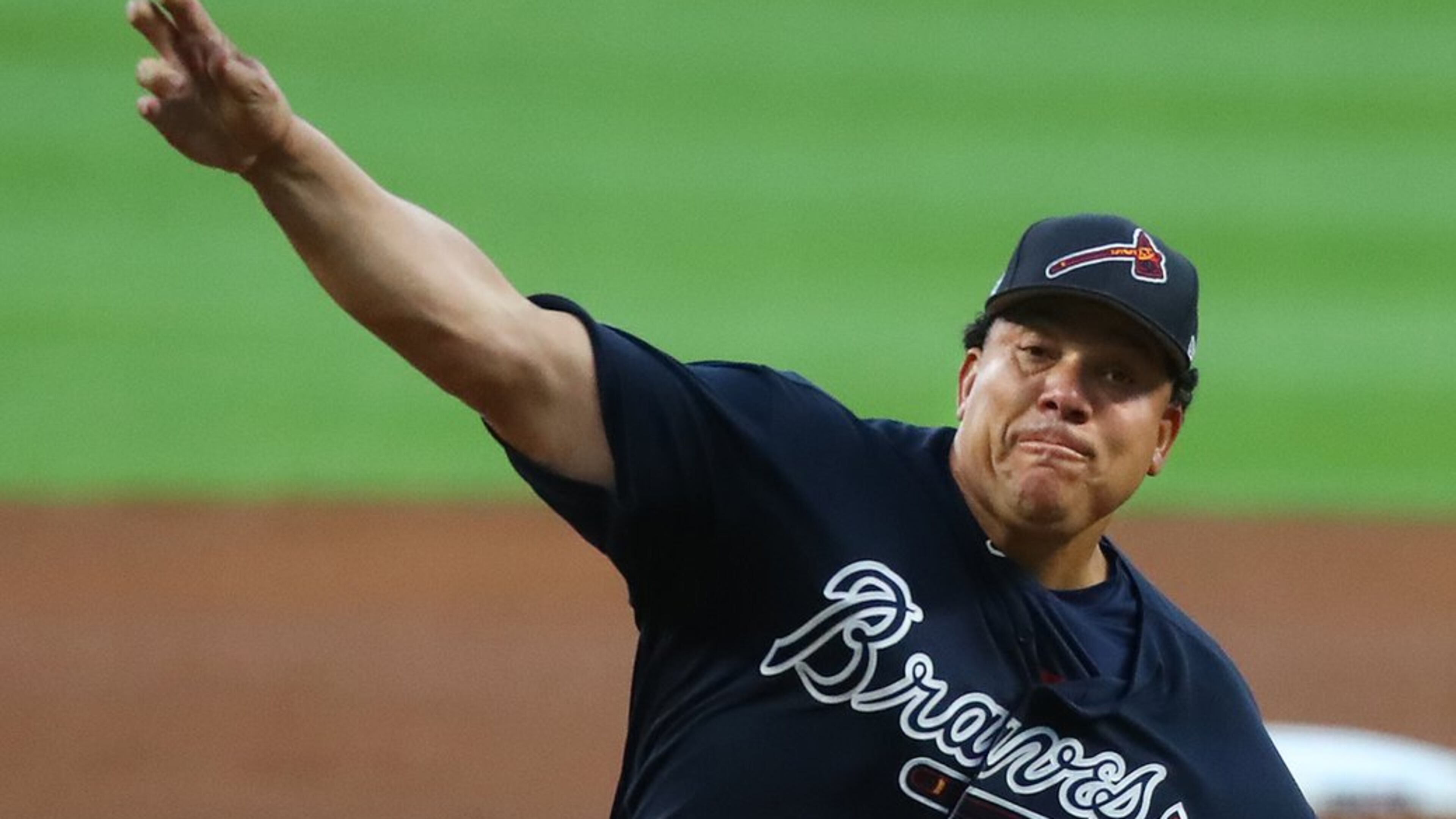 Braves pitcher Bartolo Colon threw a called strike in the first pitch of the first game at SunTrust Park, an 8-5 exhibition win Friday against the Yankees. (Curtis Compton/ccompton@ajc.com)