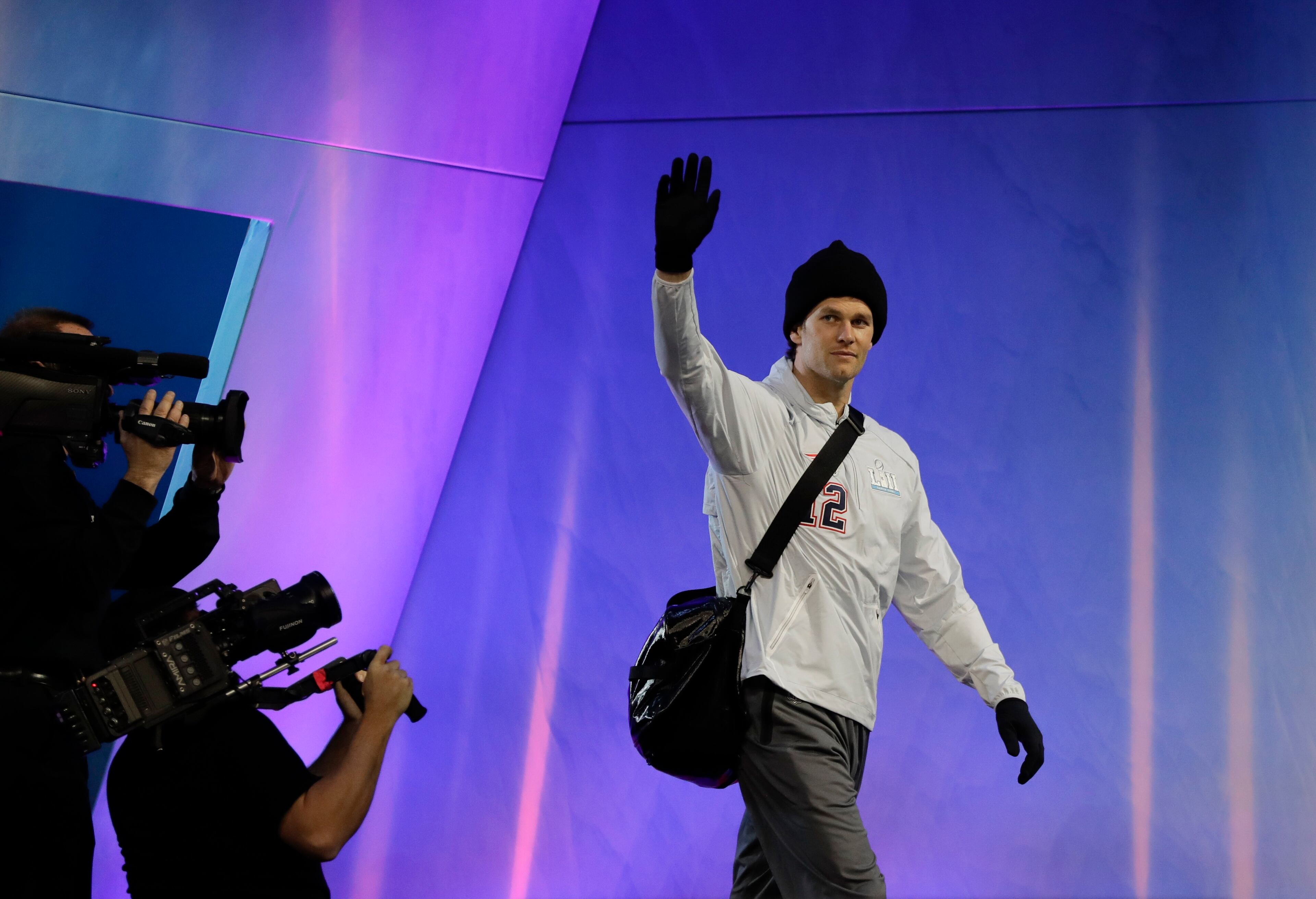 New England Patriots' Tom Brady is introduced during NFL football Super Bowl 52 Opening Night Monday, Jan. 29, 2018, at the Xcel Center in St. Paul, Minn. (AP Photo/Eric Gay)