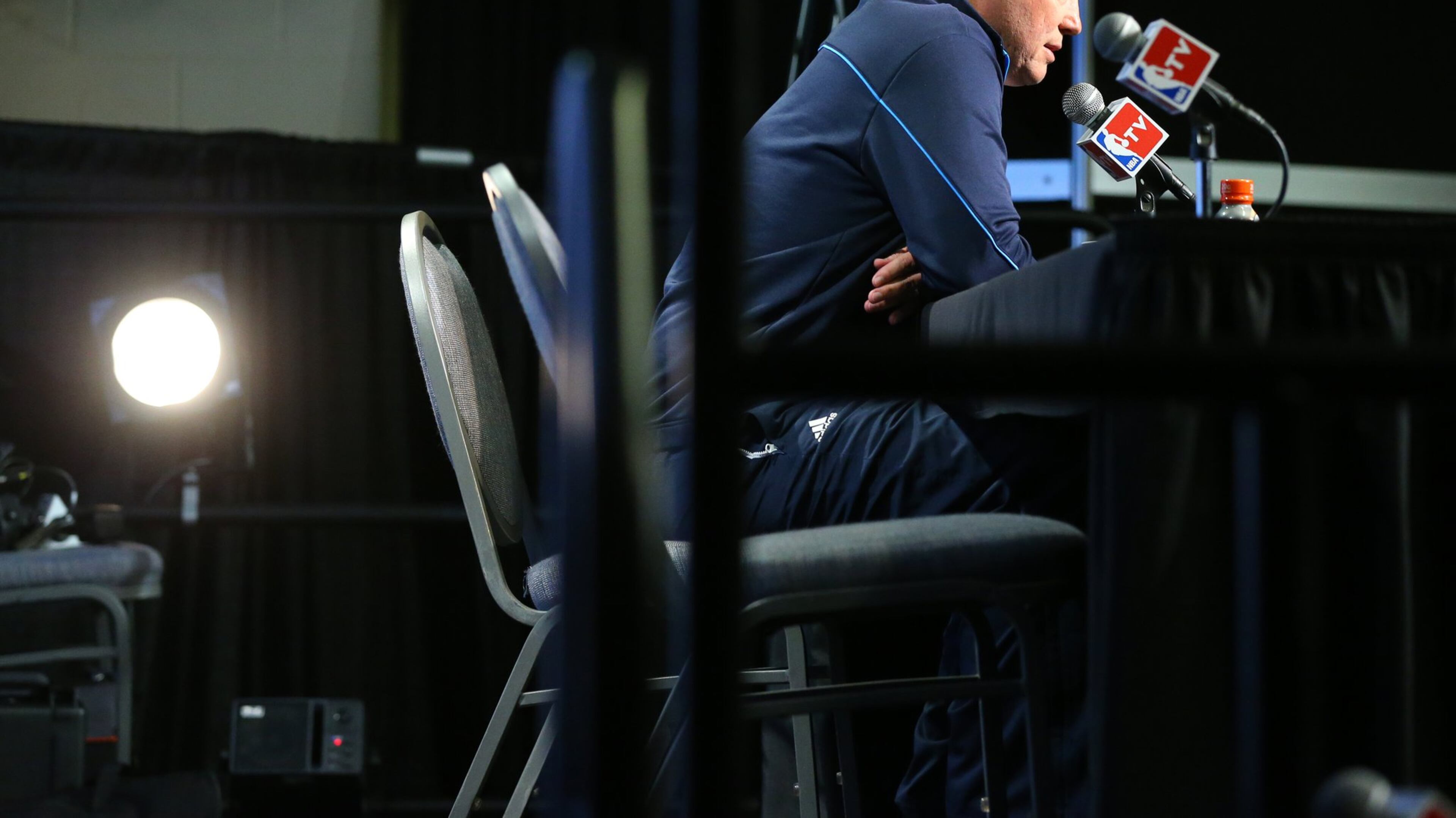 Hawks coach Mike Budenholzer holds his pregame press conference before Game 4 of the Eastern Conference finals in Cleveland. (Curtis Compton/ccompton@ajc.com)