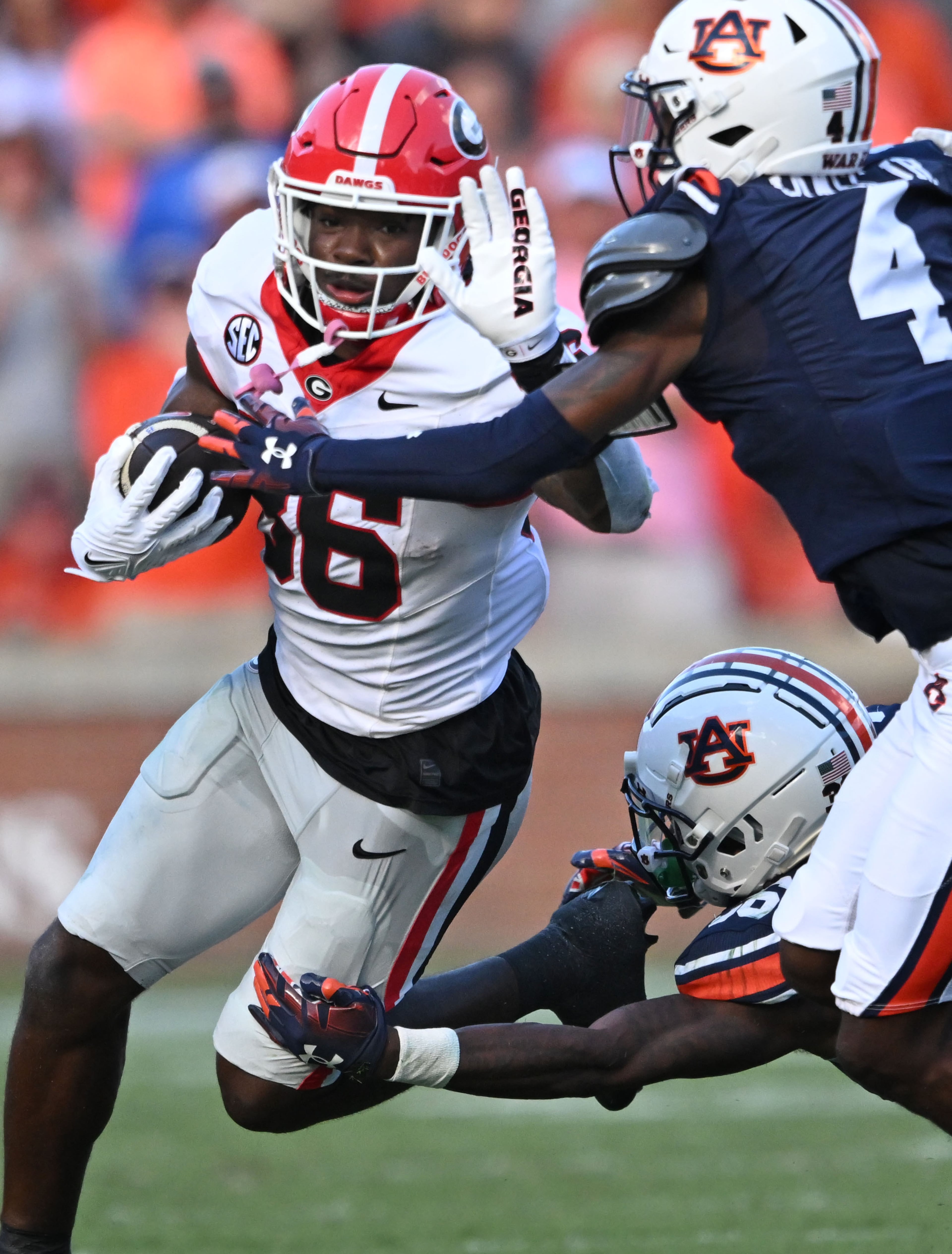 Georgia wide receiver Dillon Bell makes a move after a catch during the second half in an NCAA football game against Auburn at Jordan-Hare Stadium, Saturday, Sept. 30, 2023, in Auburn, Alabama. Georgia won 27-20 over Auburn. (Hyosub Shin / Hyosub.Shin@ajc.com)