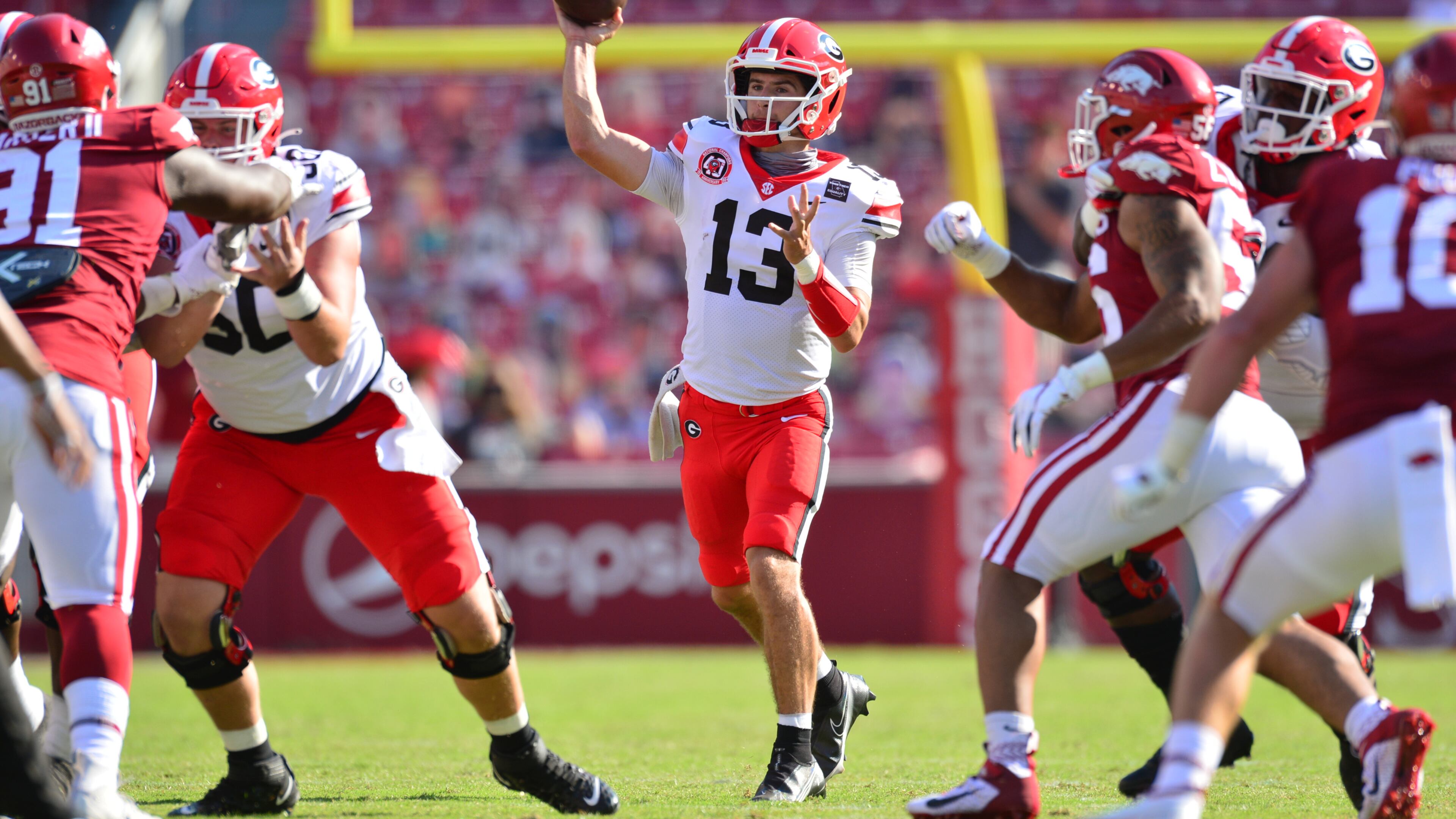 Georgia quarterback Stetson Bennett (13) during the Bulldogs' game with Arkansas in Fayetteville, Ark., on Saturday, Sept. 26, 2020. (Photo by Walt Beazley)