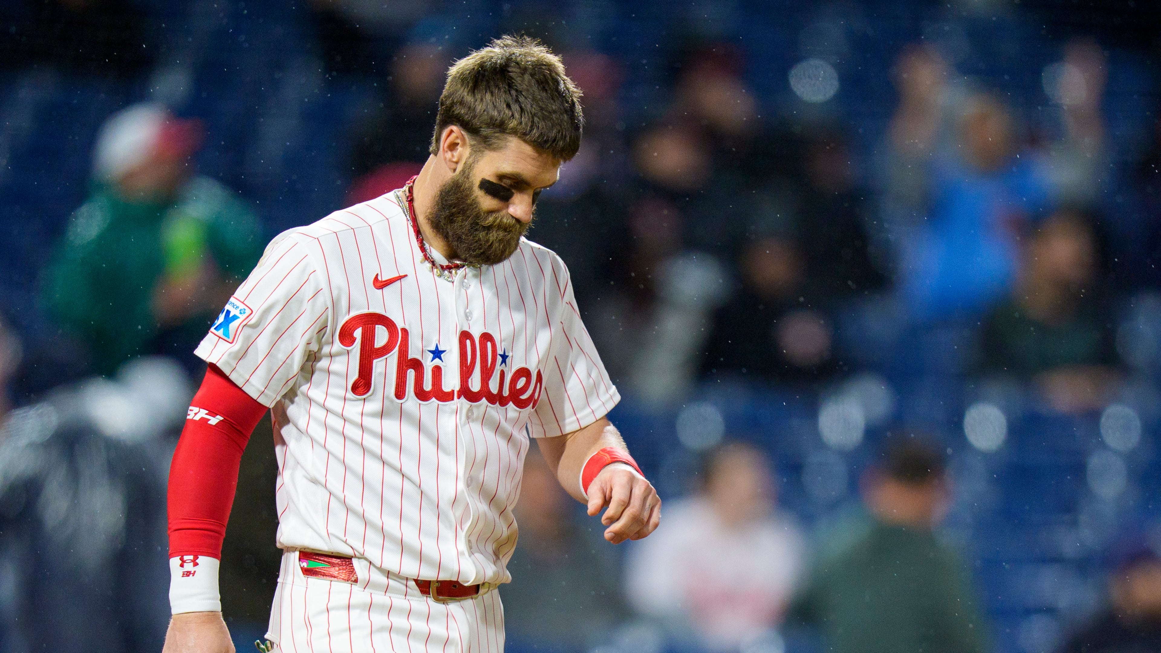 Philadelphia Phillies' Bryce Harper reacts to strike out to end the sixth inning of a baseball game against the Tampa Bay Rays, Saturday, Sept. 26, 2026, in Philadelphia. (AP Photo/Chris Szagola)