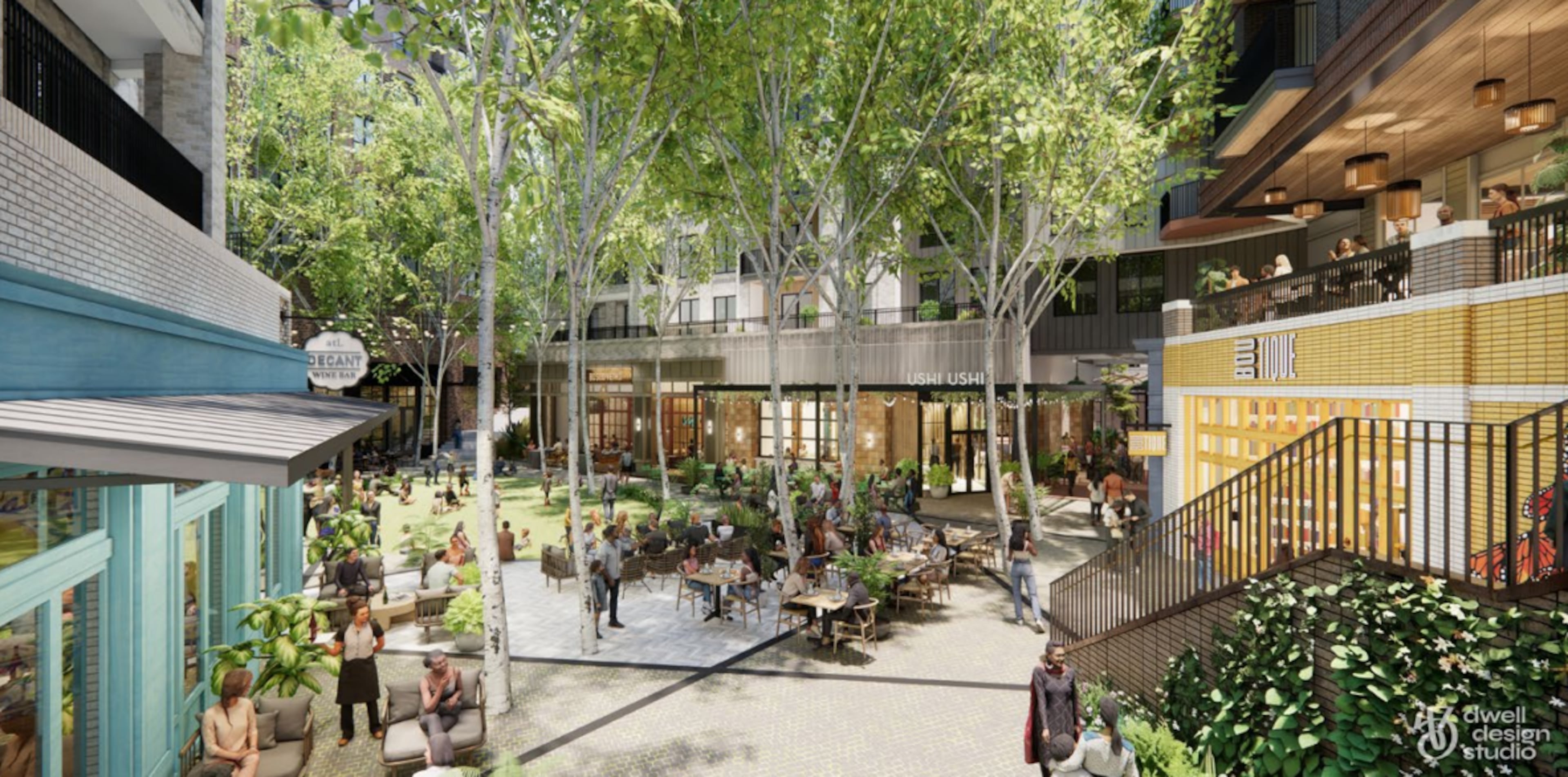 Portman Holdings' plan for Amsterdam Walk's redevelopment will include outdoor features to connect to the Beltline and Piedmont Park. (Courtesy of Invest Atlanta)