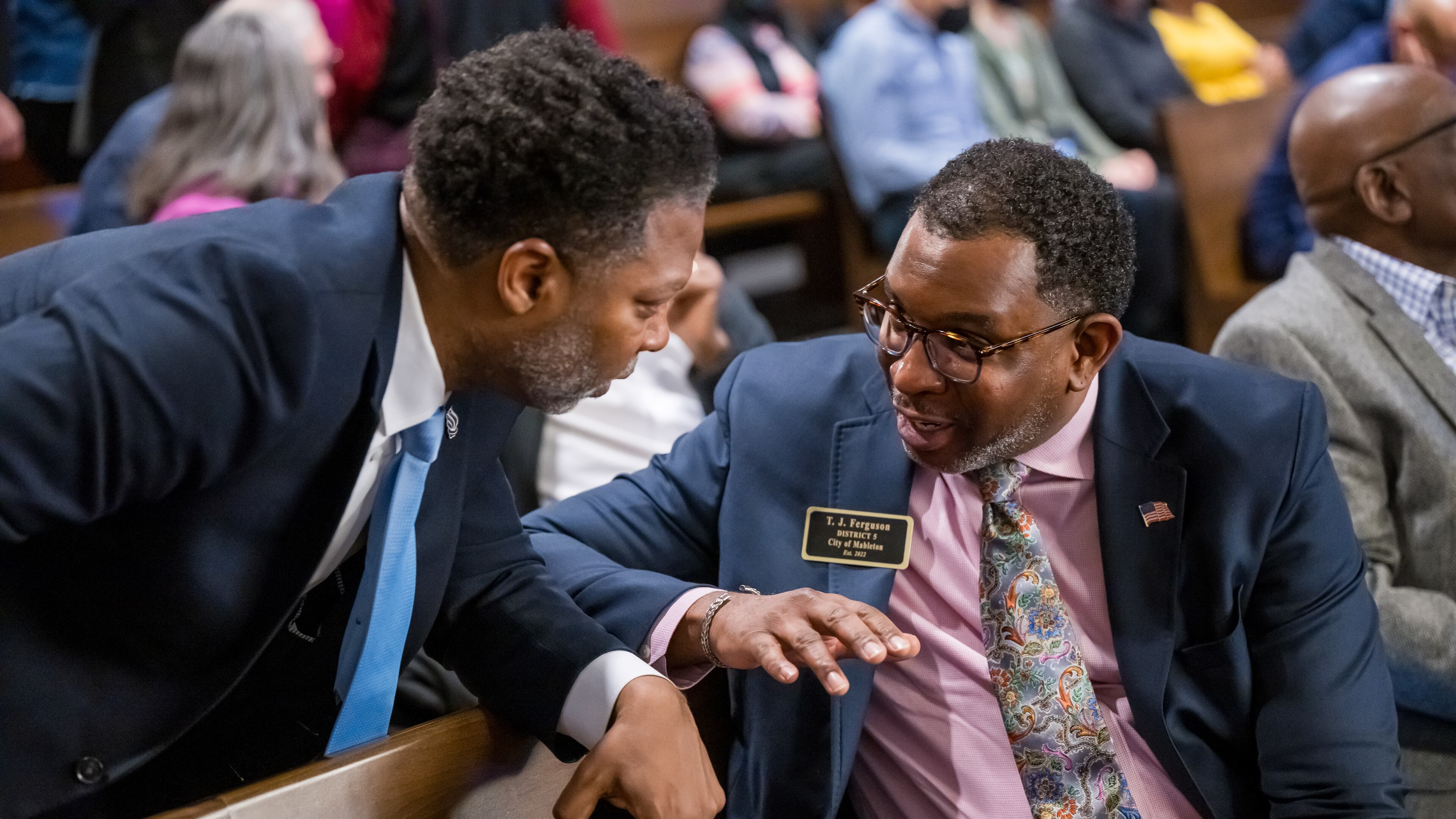 240306 MARIETTA, GA — (From left) Mableton Mayor Michael Owens chats with Mableton Councilman TJ Ferguson during a break in a lawsuit hearing challenging the legality of the ballot question put to voters in 2022 to create the city of Mableton, at Cobb County Superior Court in Marietta, Ga., on Wednesday, March 6, 2024. The new city was created and is in the process of transitioning services now, so if the court rules the city was created illegally, it could theoretically undo the city altogether.
(Bita Honarvar for The Atlanta Journal-Constitution)