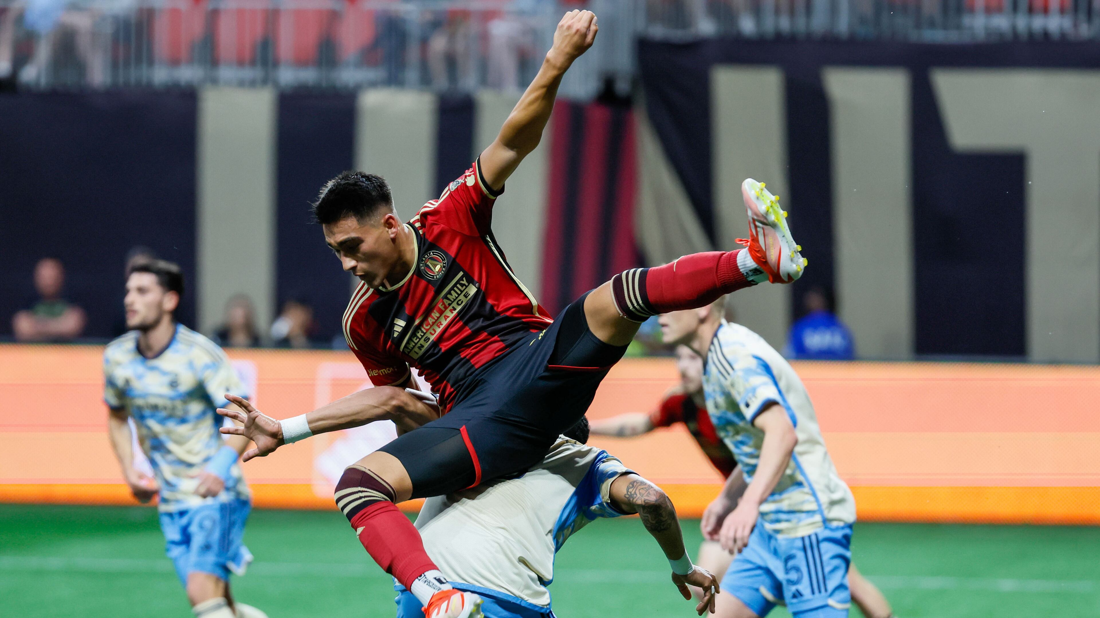 Atlanta United forward Tyler Wolff (28) landed on Philadelphia Union defender Damion Lowe (17) on a play by the box during the first half against the Philadelphia Union on Sunday, April 14, 2024.
Miguel Martinez / miguel.martinezjimenez@ajc.com