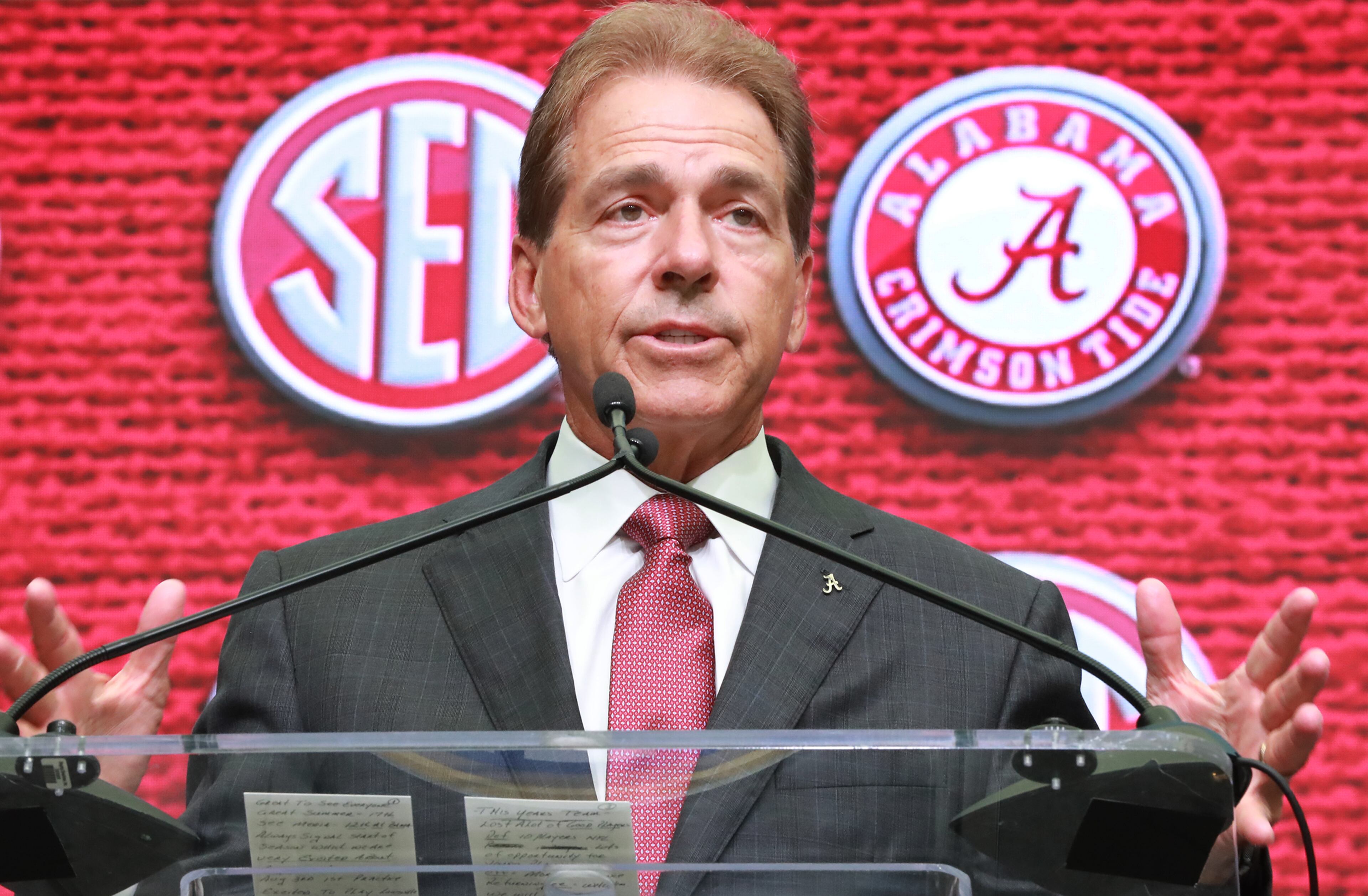 Alabama head coach Nick Saban holds his SEC Media Days press conference at the College Football Hall of Fame on Wednesday, July 18, 2018, in Atlanta. Curtis Compton/ccompton@ajc.com