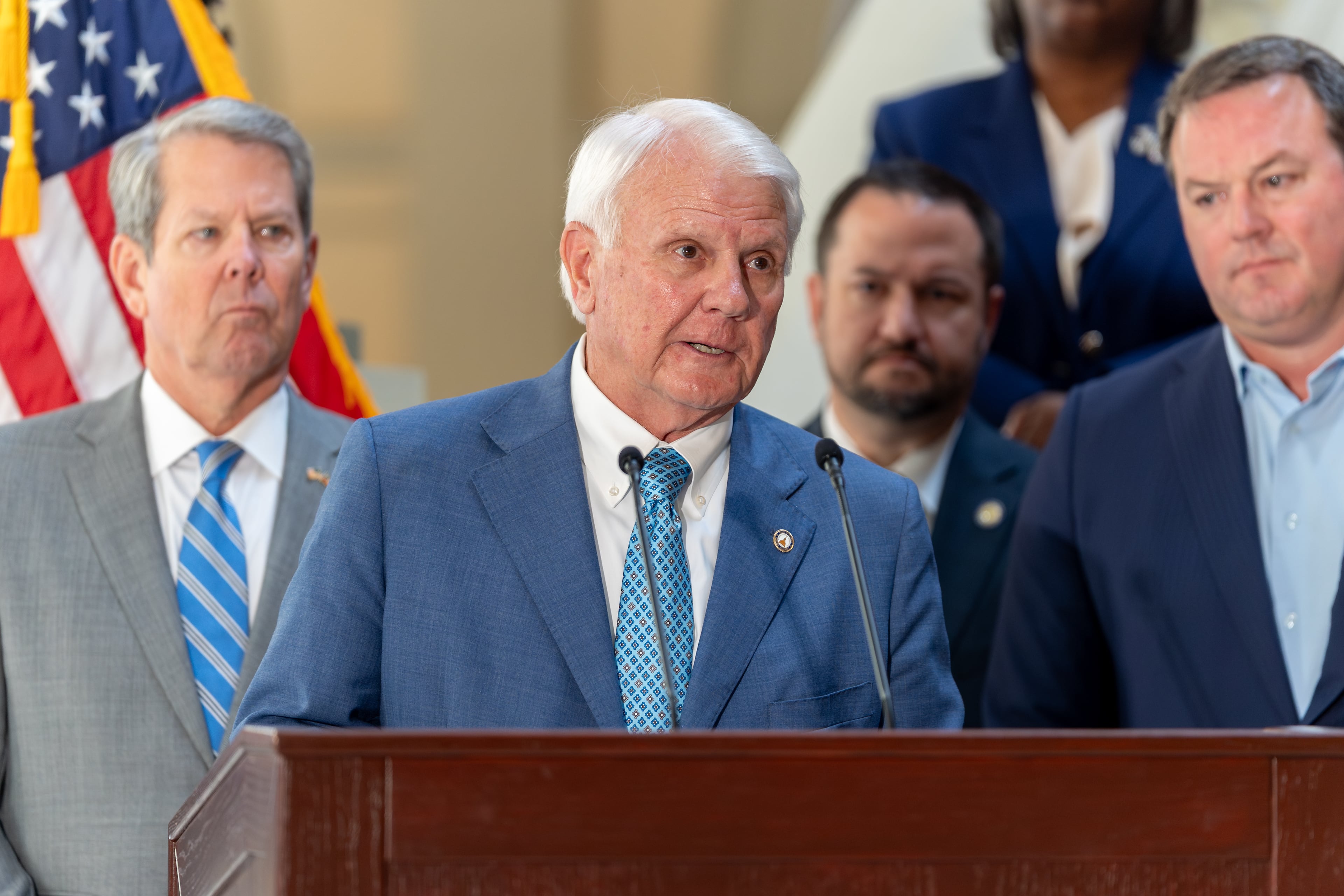 Georgia House Speaker Jon Burns speaks inside the Georgia State Capitol building in May. (Ben Hendren for the AJC)