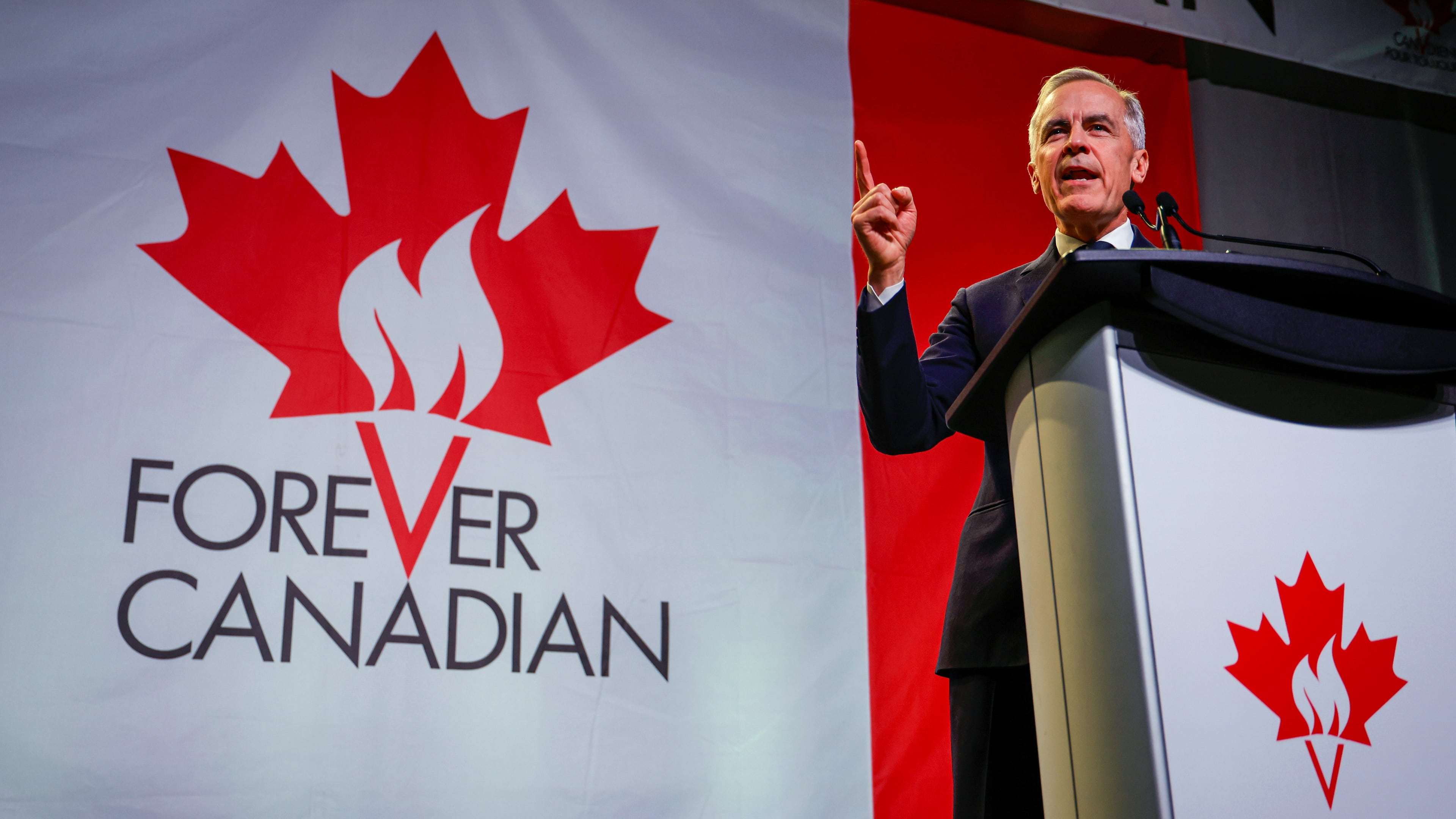 Canada's Prime Minister Mark Carney attends a Forever Canadian rally in Calgary, Alberta, Thursday, Oct. 15, 2026. (Jeff McIntosh/The Canadian Press via AP)