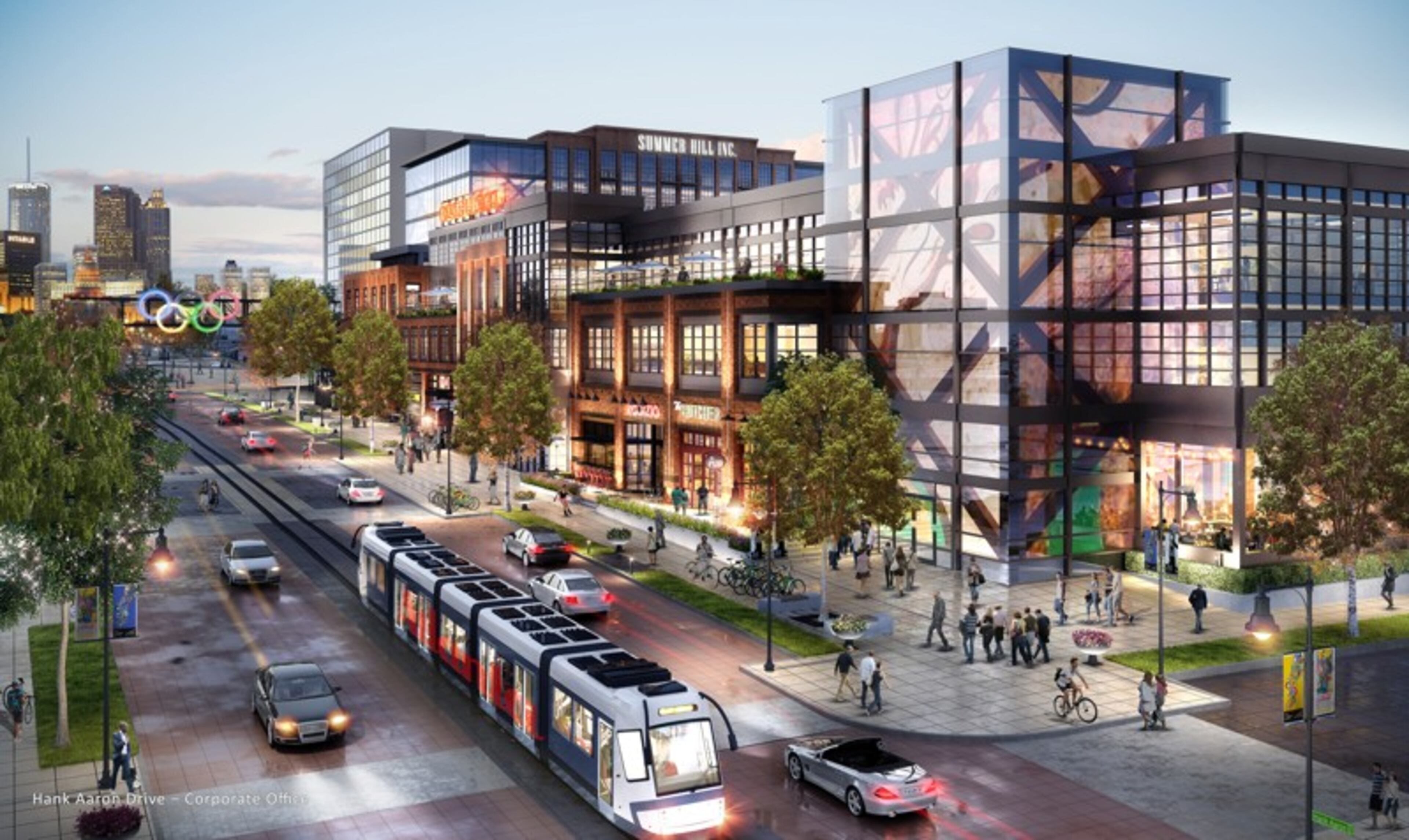 Planned commercial development along Hank Aaron Drive shows office space, retail and even a potential future streetcar or light rail line.