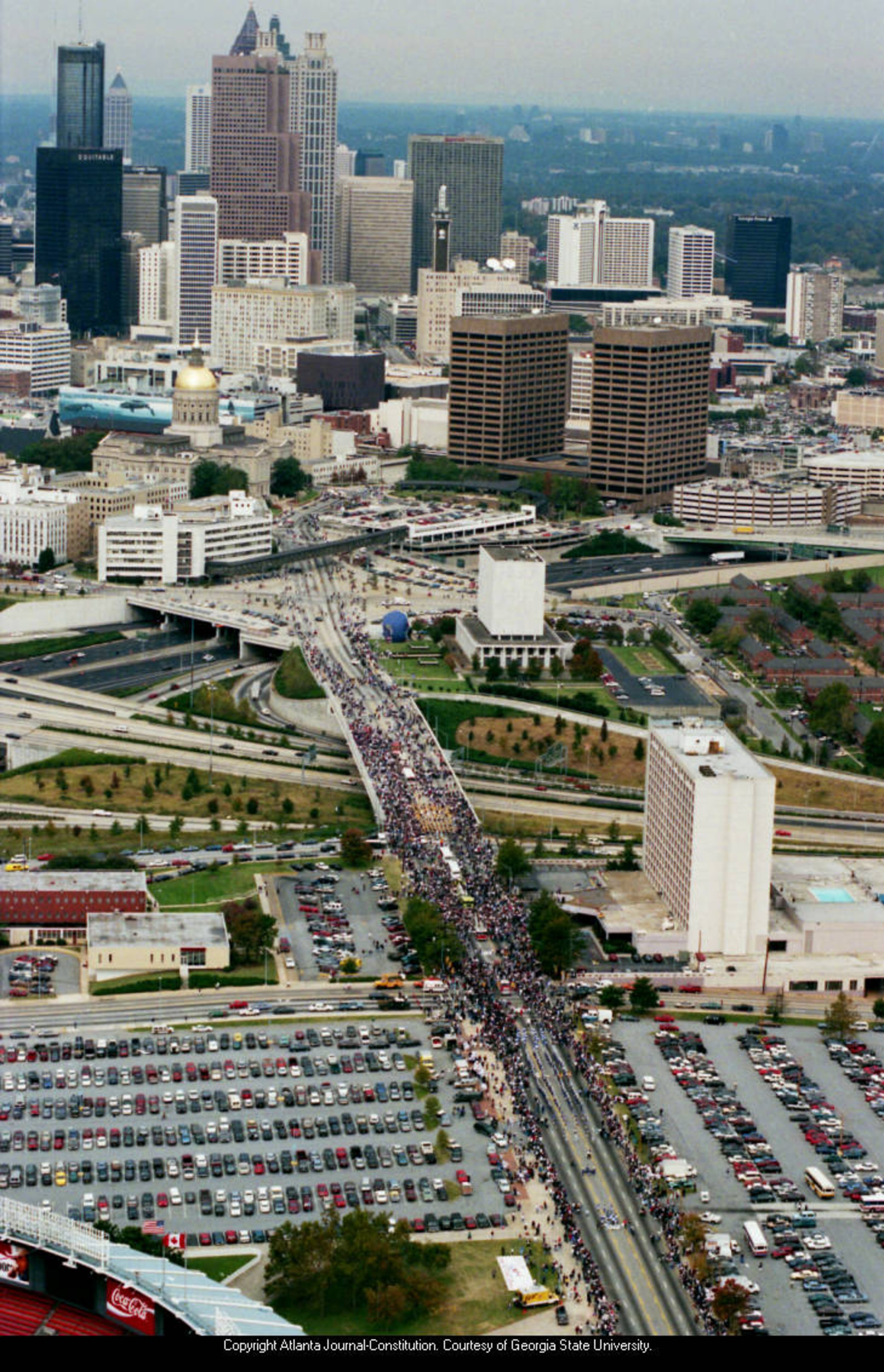 An aerial view of the Braves World Series victory parade on Oct. 30, 1995.