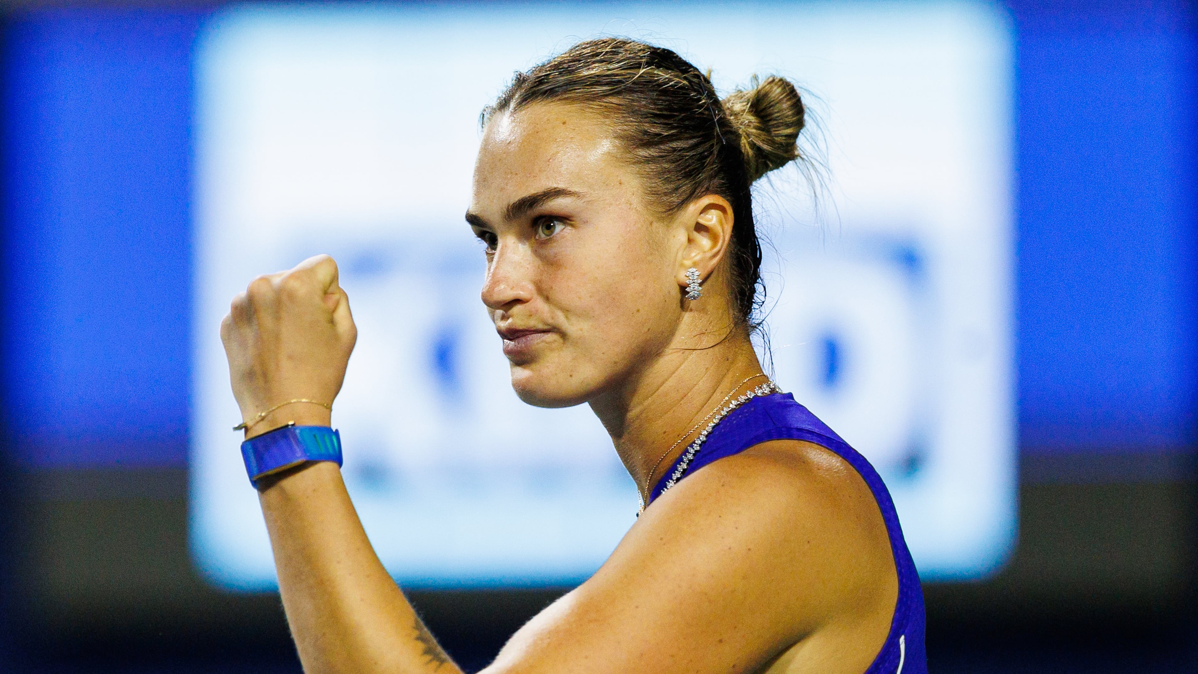 Aryna Sabalenka reacts during a match against Ekaterina Alexandrova at the round of 16 National Bank Open Tennis tournament in Toronto, on Saturday, Aug. 8, 2026. (Keito Newman/The Canadian Press via AP)