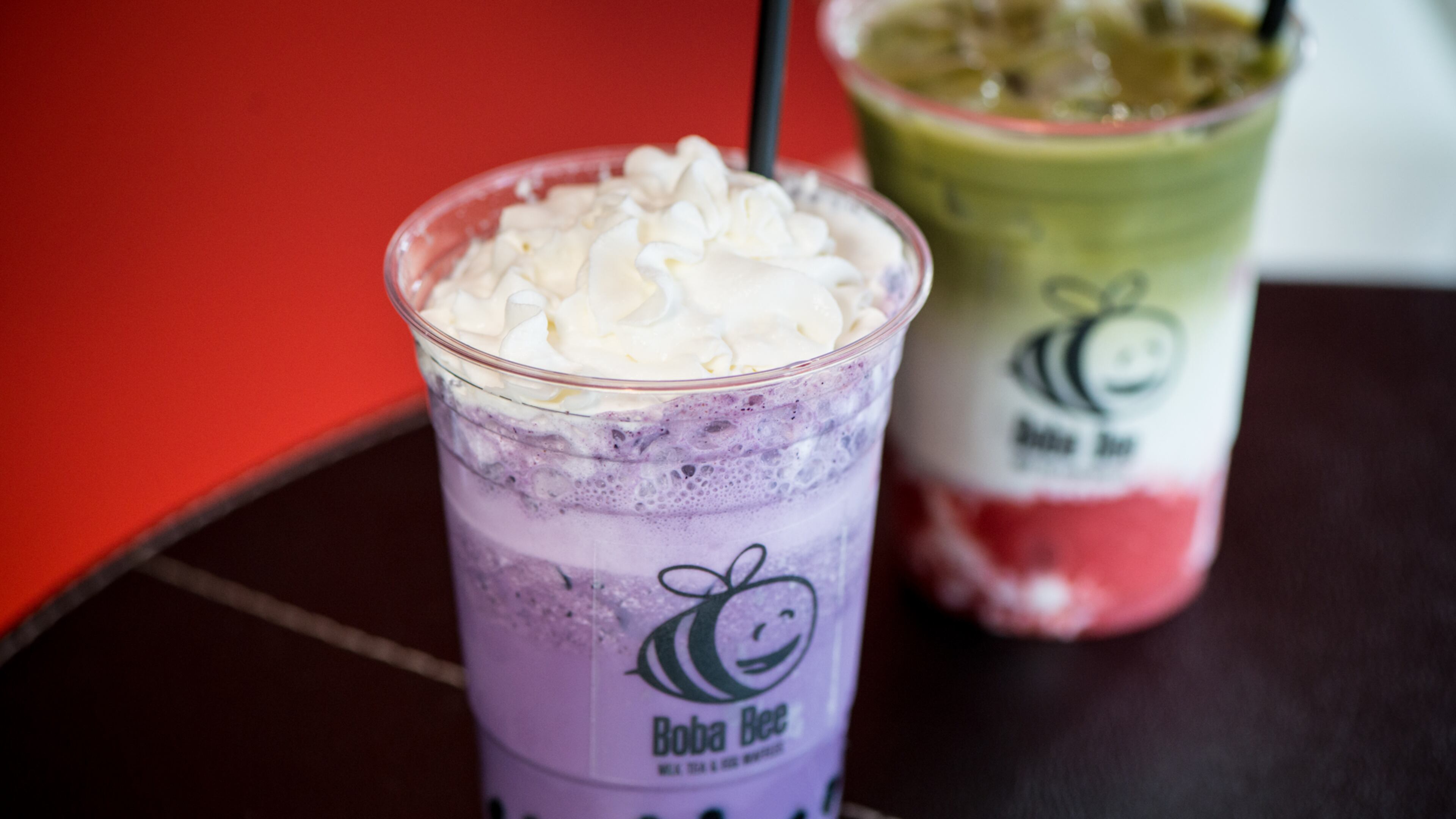 Boba Bee Blue Berry Fluffy Milk (with real blueberries and organic milk) and Strawberry Matcha Latte. Photo credit- Mia Yakel.