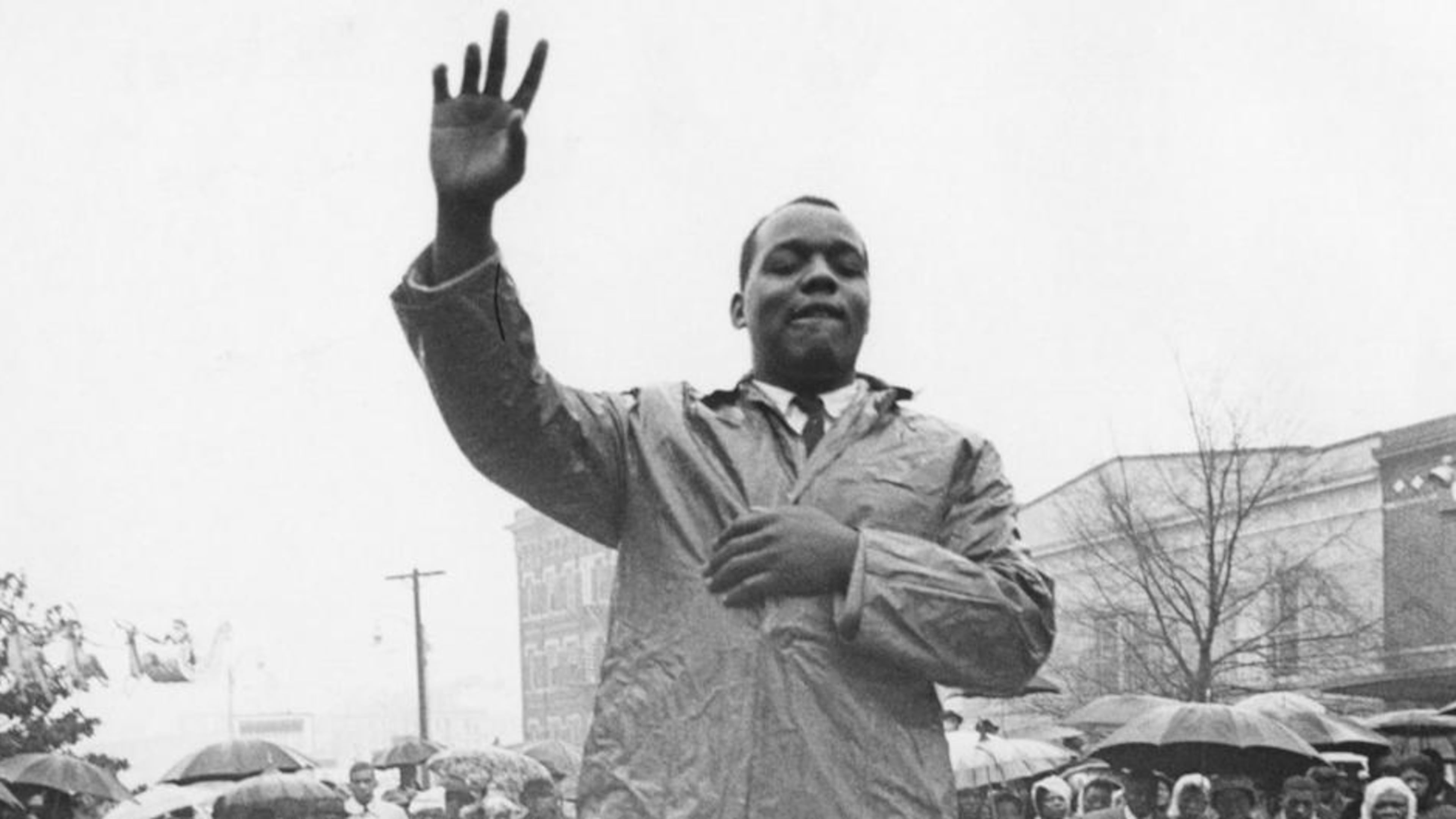 Lonnie King addresses thousands of demonstrators in Atlanta in a group prayer before a protest against retail shops on Dec. 12, 1960. MANDATORY CREDIT: The Atlanta Journal-Constitution Photographic Archives. Special Collections and Archives, Georgia State University Library