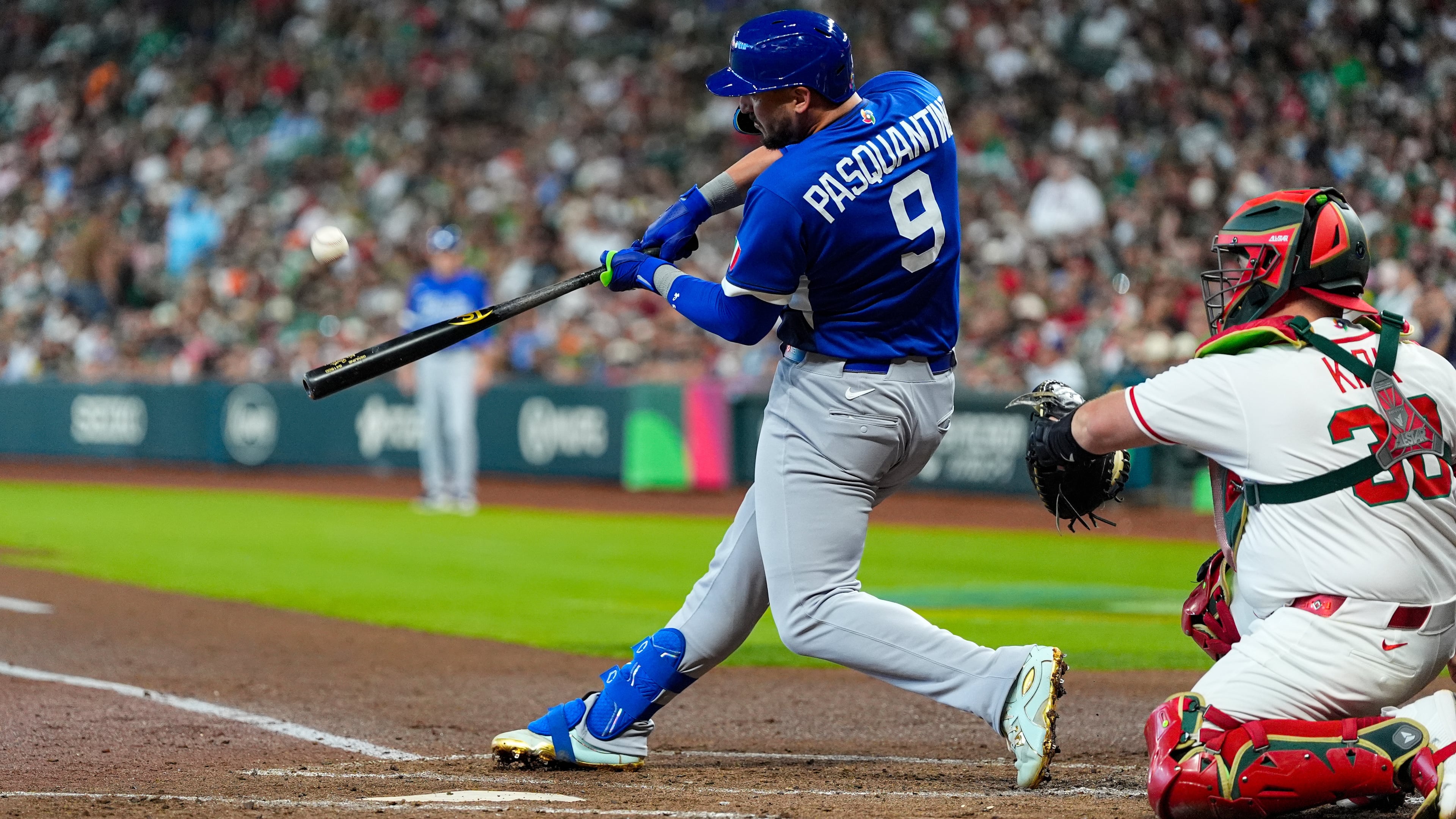 Italy first baseman Vinnie Pasquantino hits a home run in the second inning of a World Baseball Classic game against Mexico, Wednesday, March 11, 2026, in Houston. (AP Photo/Ashley Landis)