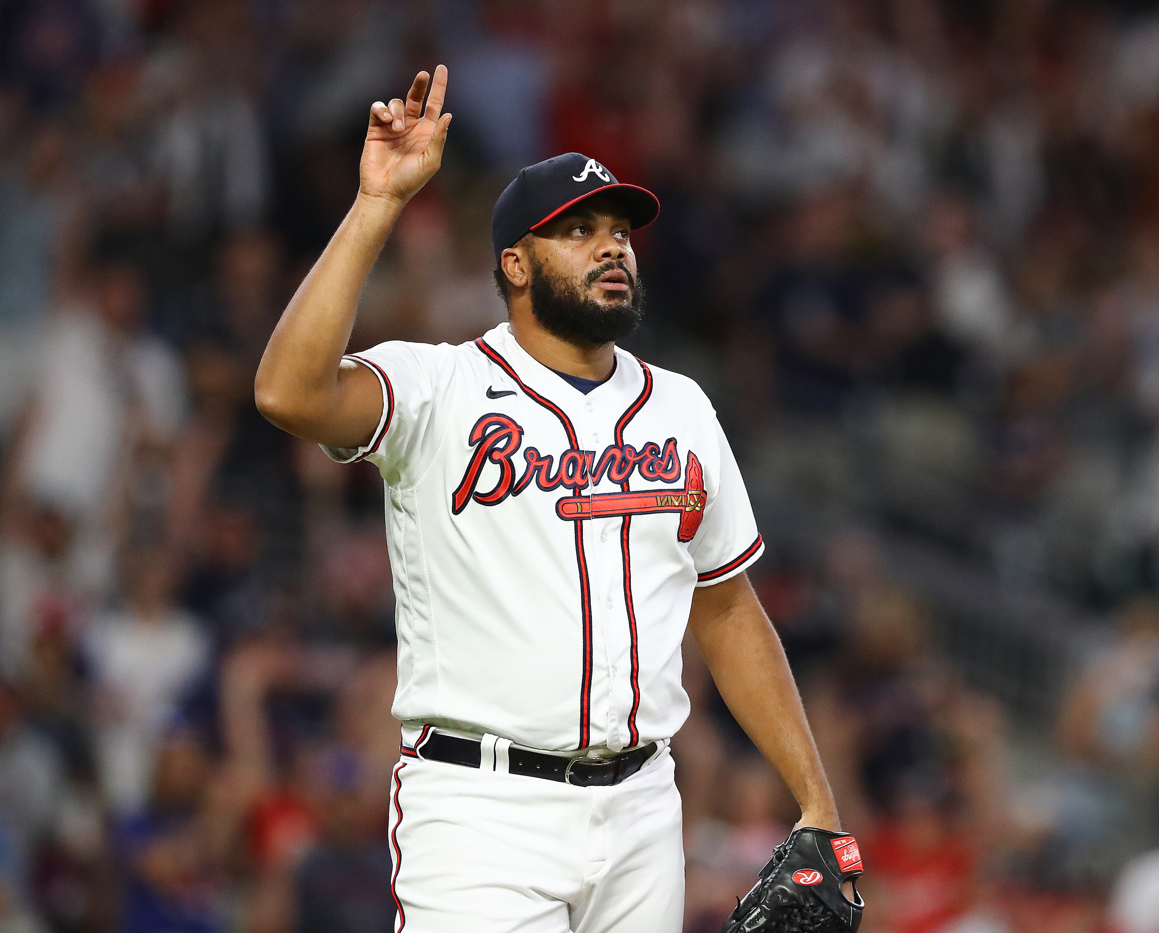 Braves reliever Kenley Jansen reacts after the final out of Thursday's game. (Curtis Compton/ccompton@ajc.com)