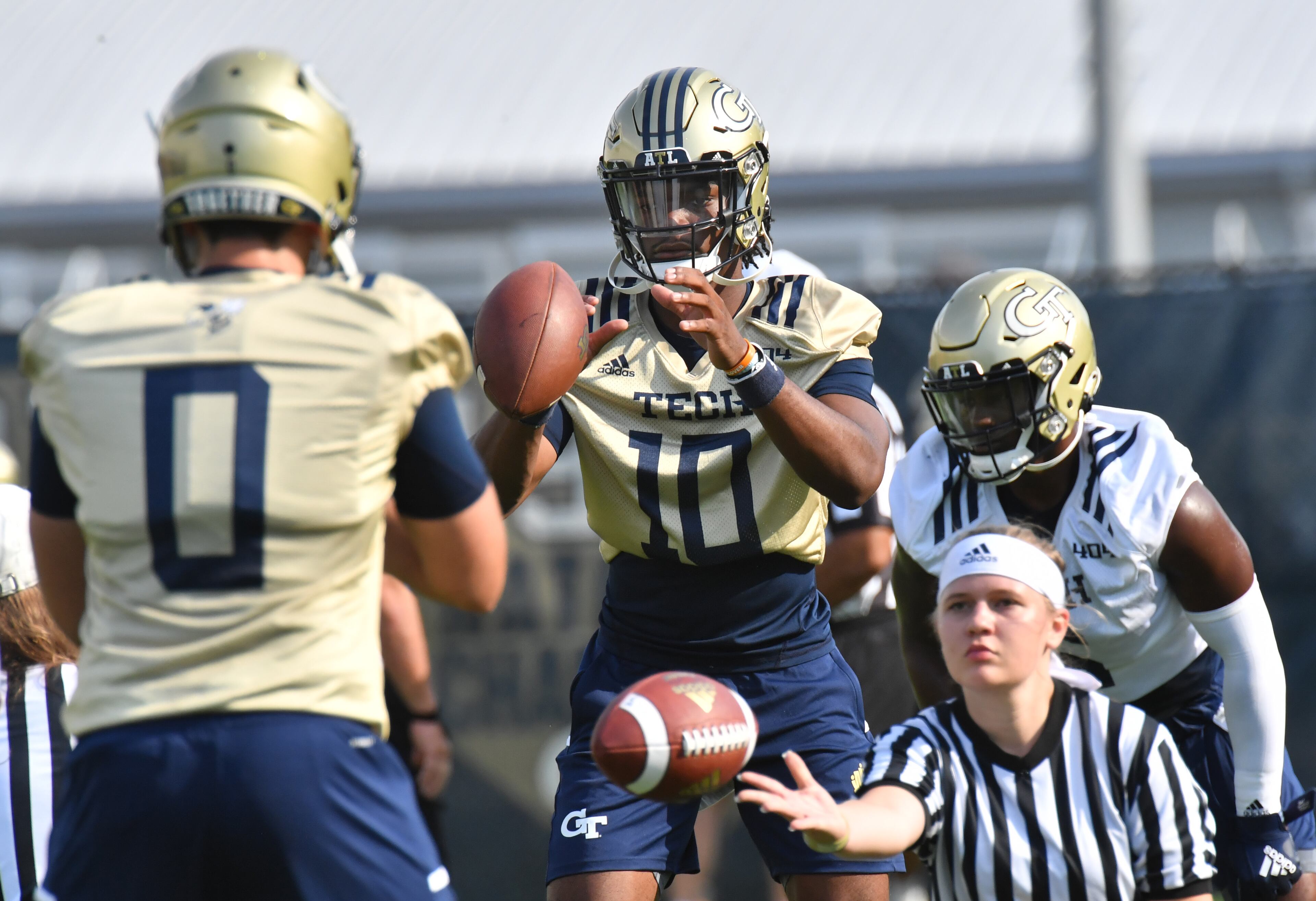 Georgia Tech's quarterback Jeff Sims (10) runs a drill during a football practice at Rose Bowl Field on Georgia Tech Campus in Atlanta on Friday, August 6, 2021. (Hyosub Shin / Hyosub.Shin@ajc.com)