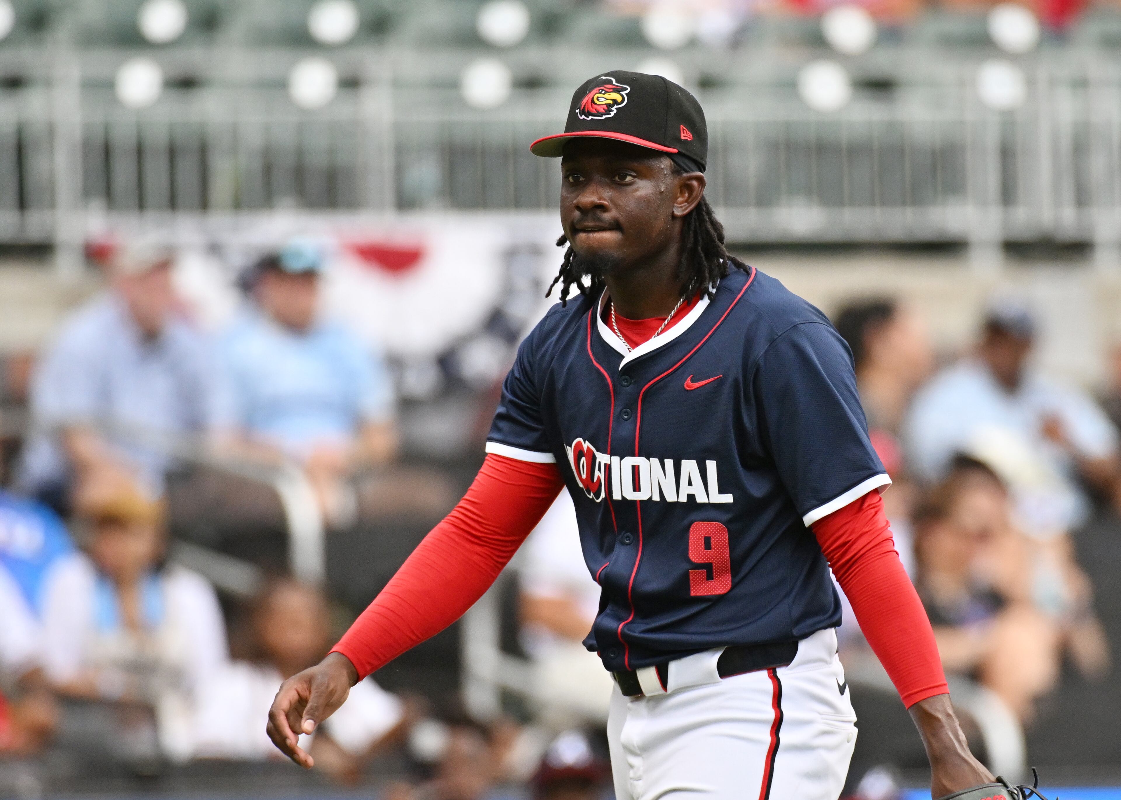 National League pitcher Marquis Grissom Jr. reacts during the fourth inning of the All-Star Futures Game at Truist Park, Saturday, July 12, 2025, in Atlanta. National League won 4-2 over American League. (Hyosub Shin / AJC)