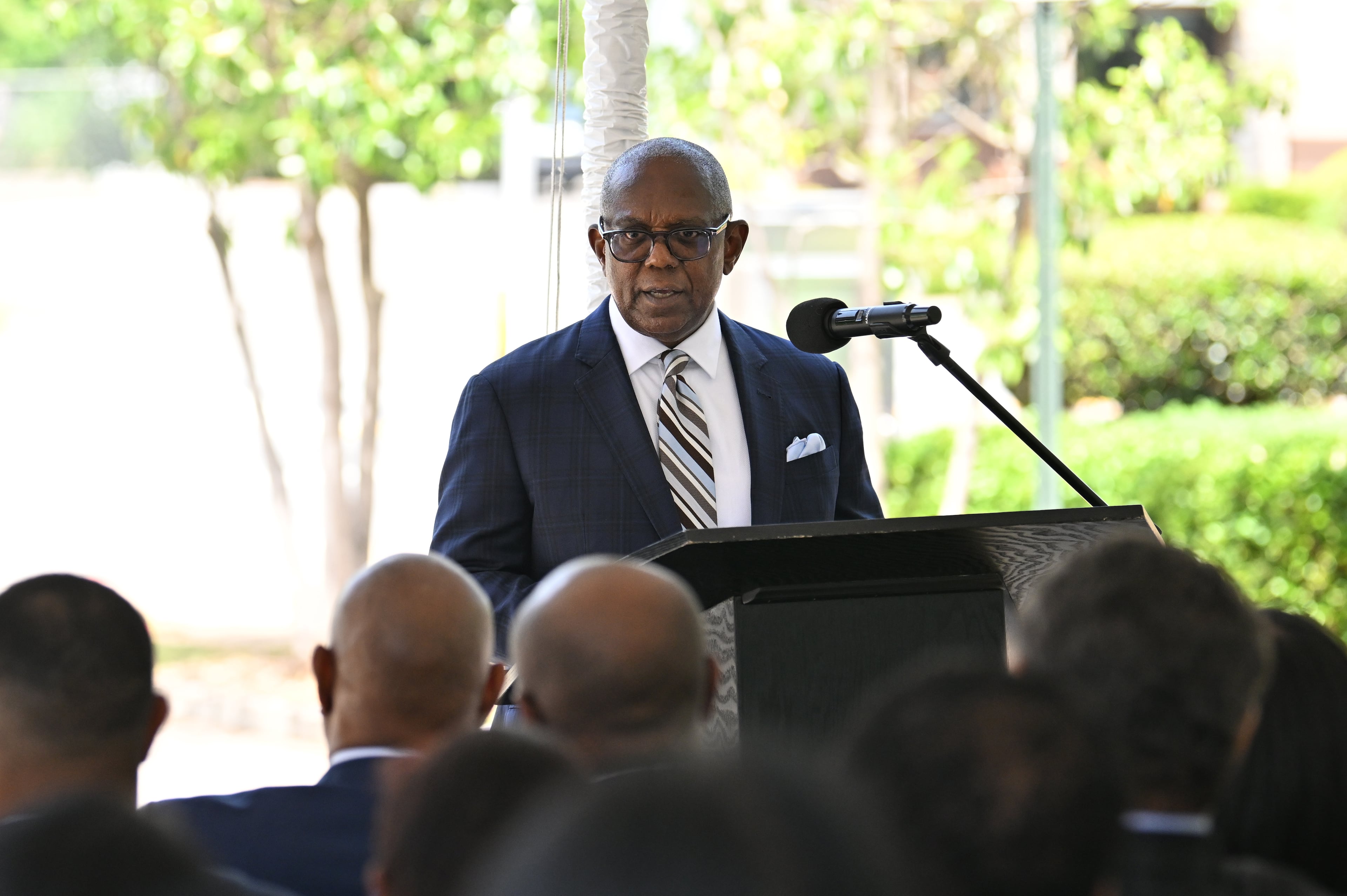 Son of the company's founder, H. Jerome Russell Jr. is now president of H.J. Russell & Co. On Wednesday, guests and members of the public gathered for the unveiling and dedication of a Georgia Historical Society marker the company's original headquarters in the Castleberry Hill neighborhood. (Hyosub Shin/AJC)