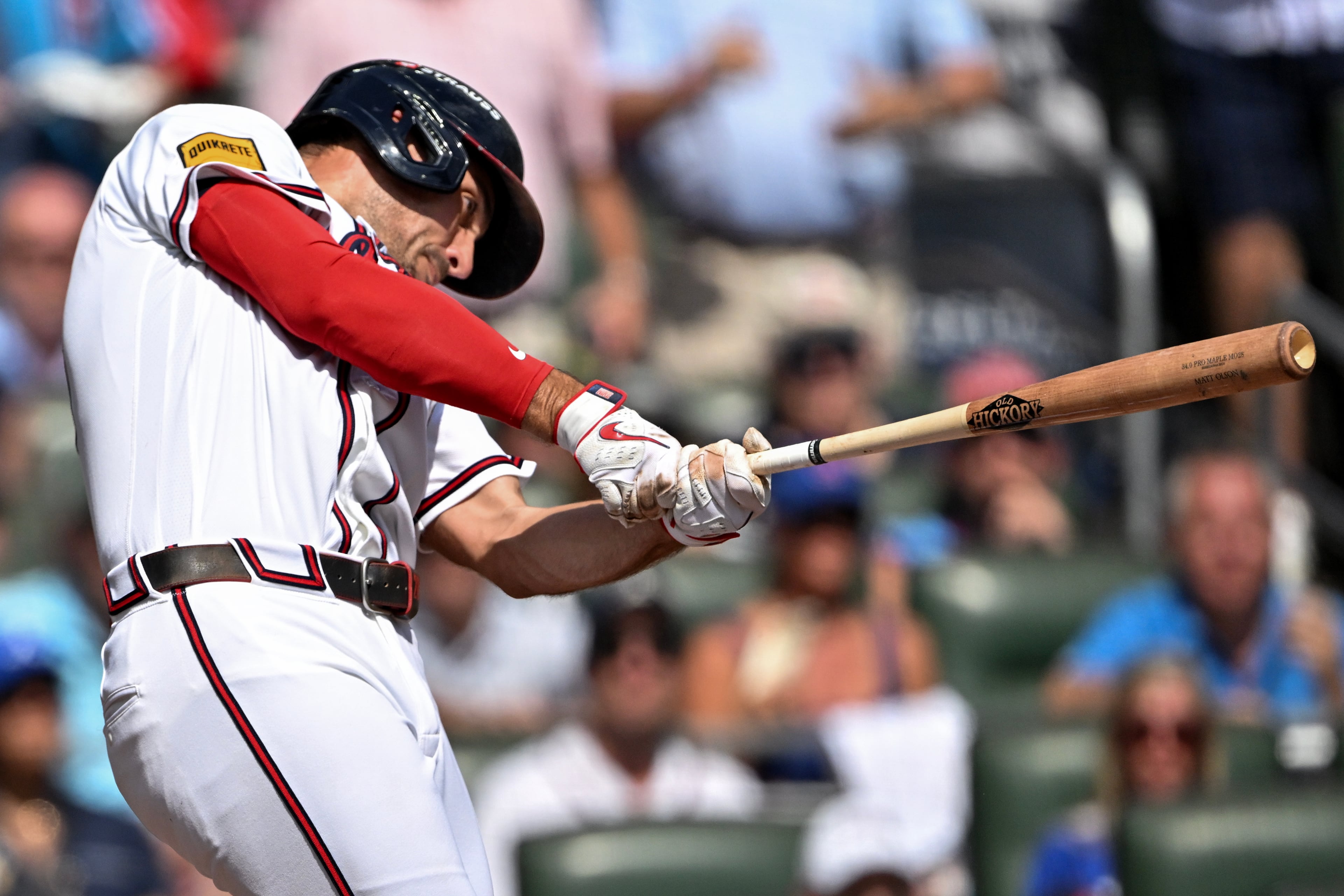 Braves first baseman Matt Olson hits an RBI single against the Phillies during Game 2 of their NL Wild Card Series on Wednesday, Sept. 30, 2026, in Atlanta. (Hyosub Shin/AJC)