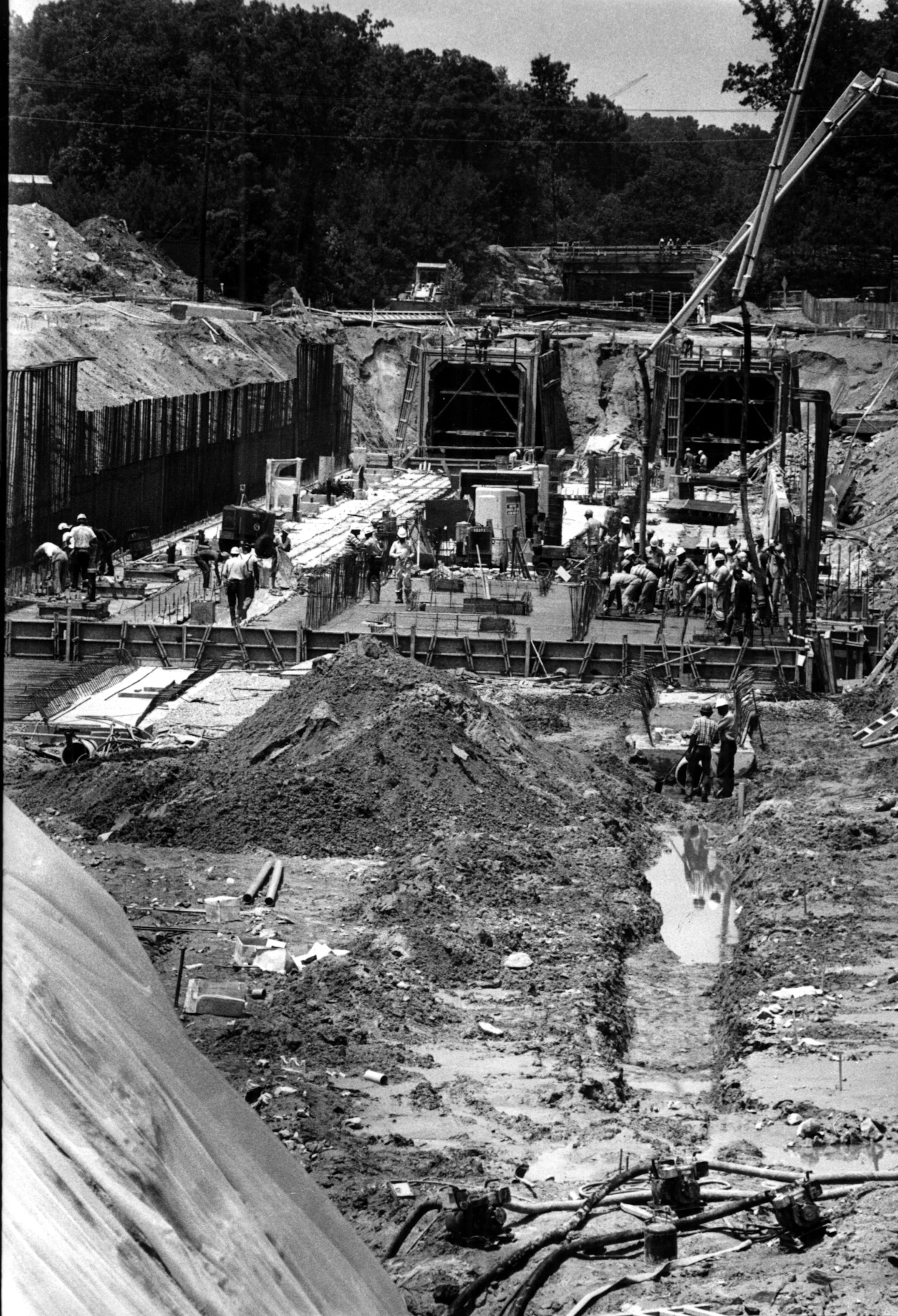 Original caption: "1982 -- Work is progressing on MARTA's Lindbergh Drive station in the Peachtree Hills neighborhood. The station, which occupies the former site of the Atlanta Flea Market, is the last before Lenox Square, the terminus of the current phase of construction on MARTA's north rail line."