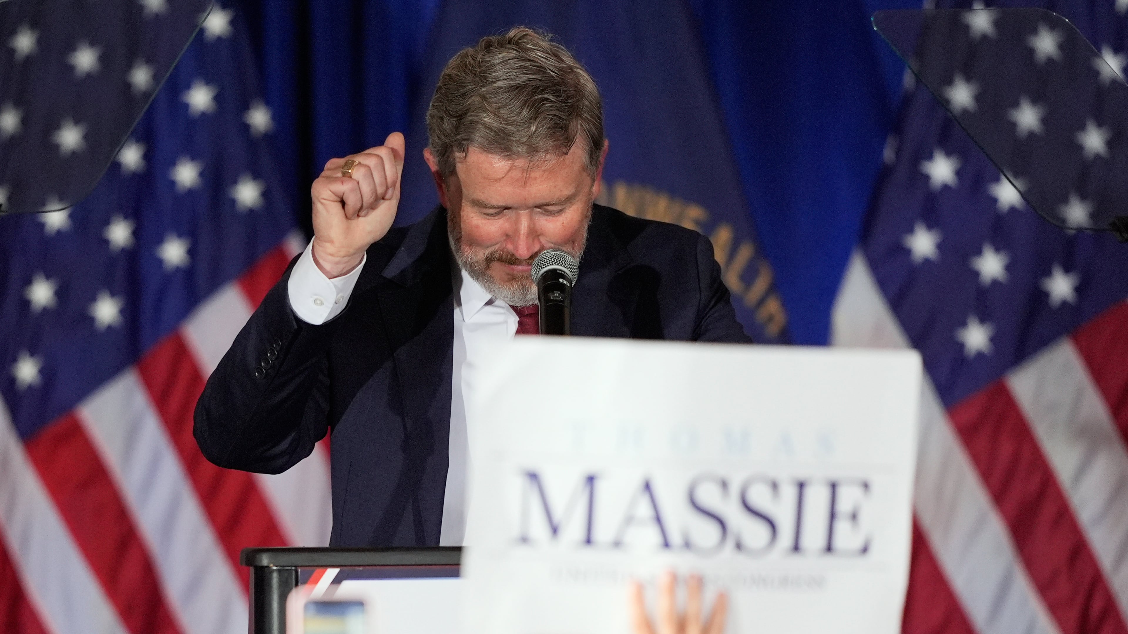 Rep. Thomas Massie, R-Ky., reacts as he speaks during an election night watch party after losing the Republican party's nomination at the Marriott Cincinnati Airport, Tuesday, May 19, 2026, in Hebron, Ky. (AP Photo/Carolyn Kaster)