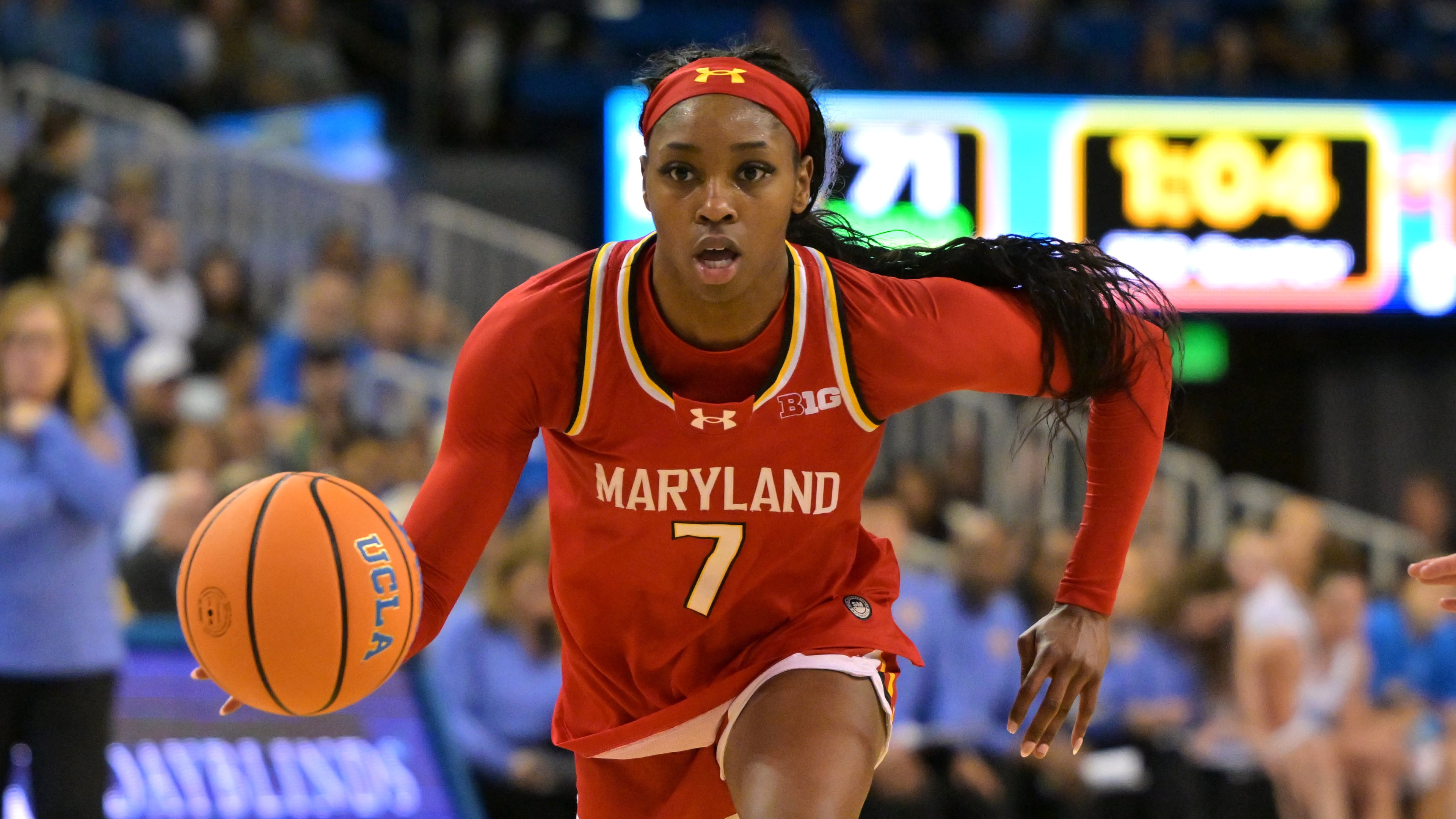 FILE - Maryland guard Oluchi Okananwa handles the ball during the second half of an NCAA college basketball game against UCLA, Jan. 18, 2026, in Los Angeles. (AP Photo/Jayne Kamin-Oncea, File)