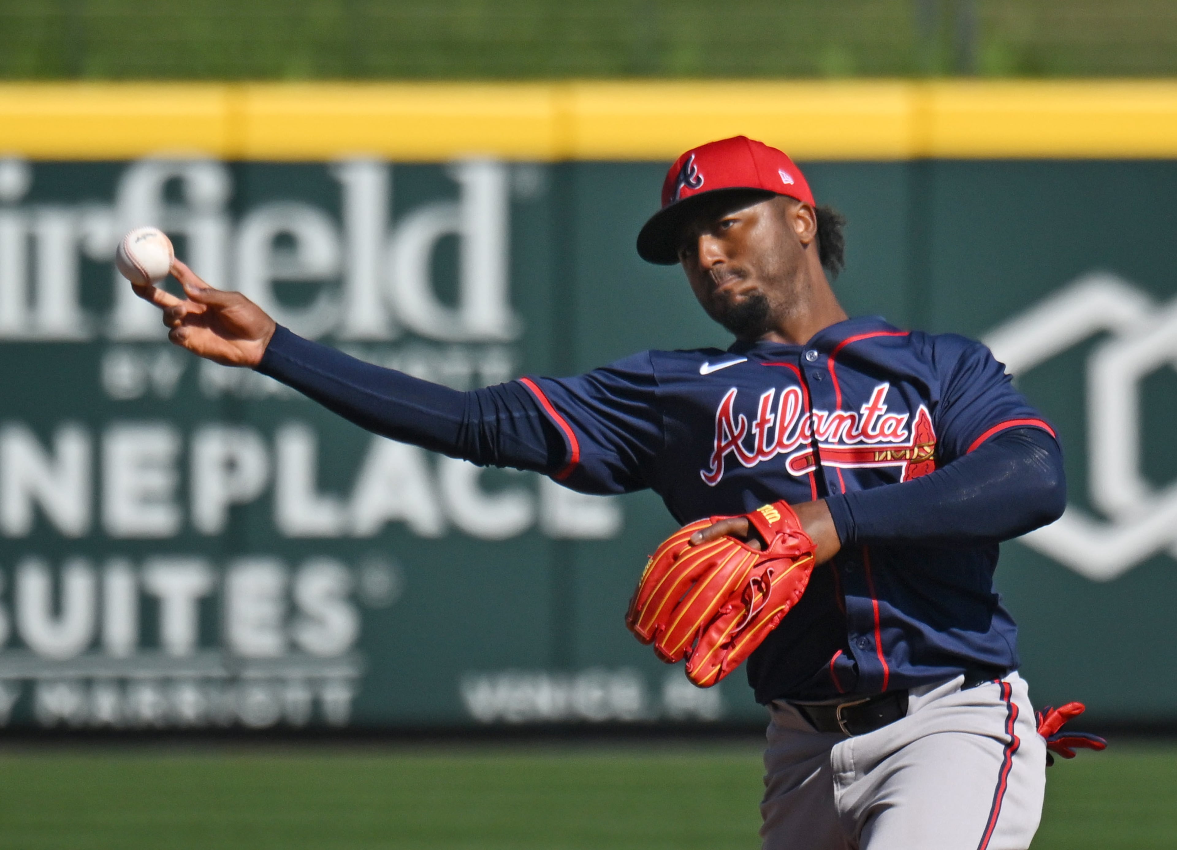 Atlanta Braves second baseman Ozzie Albies throws to first during spring training workouts at CoolToday Park, Wednesday, Feb. 21, 2024, in North Port, Florida. (Hyosub Shin / Hyosub.Shin@ajc.com)