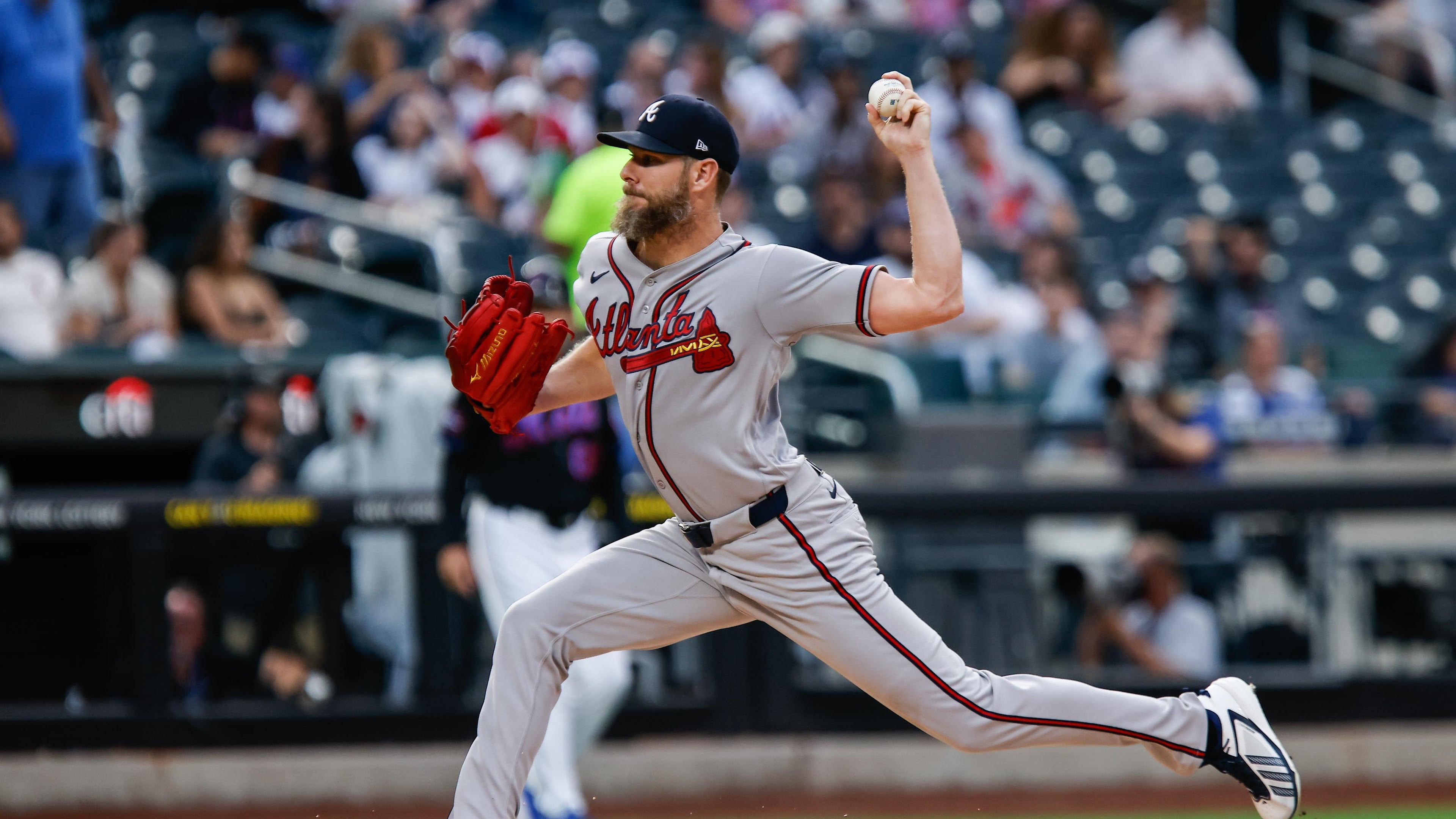 Atlanta Braves' Chris Sale pitches during the first inning of a baseball game against the New York Mets Wednesday, July 29, 2026, in New York (AP Photo/Eduardo Munoz Alvarez)