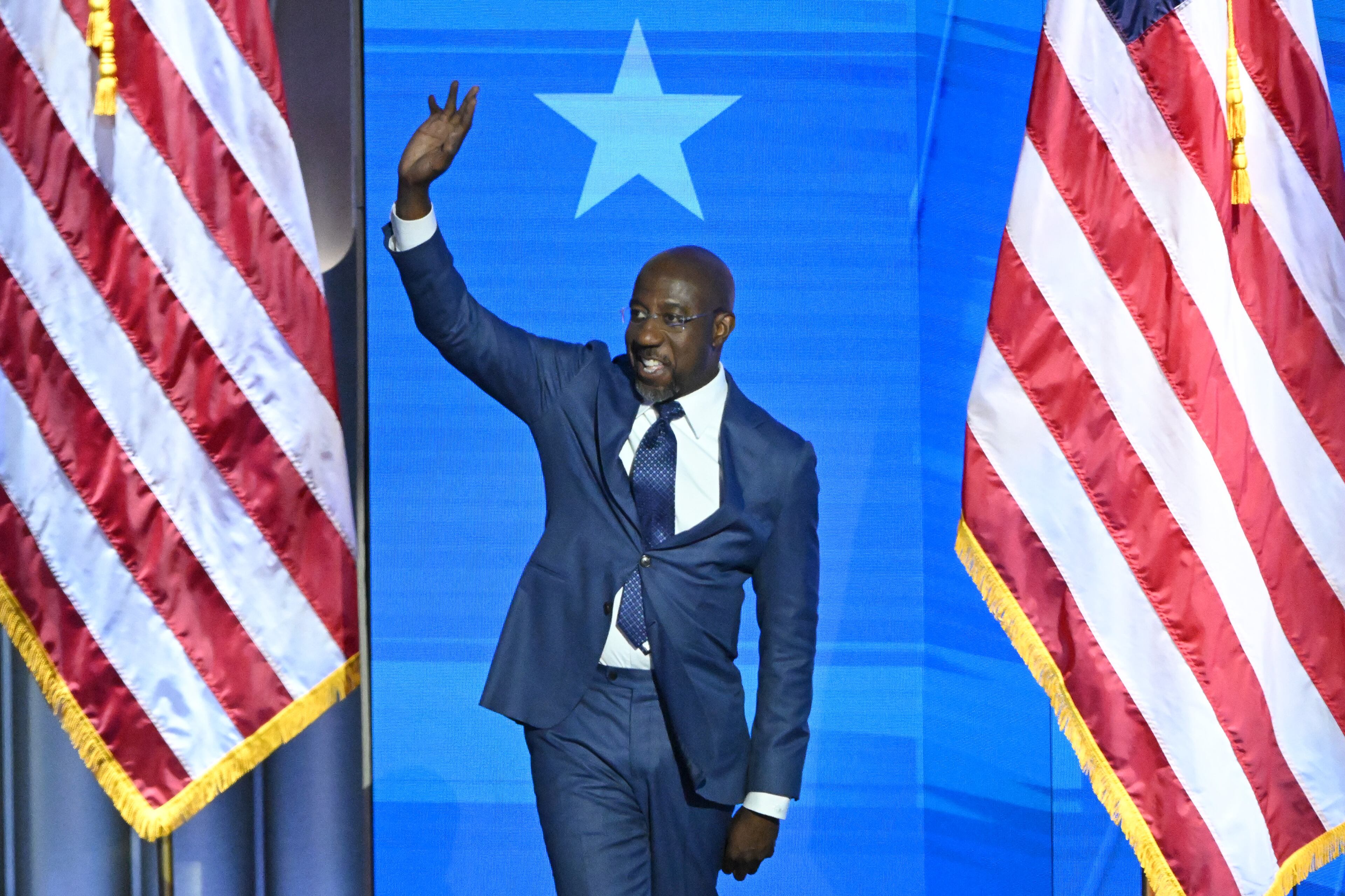 U.S. Sen. Raphael Warnock speaks during the day 1 of the Democratic National Convention at the United Center, Monday, August 19, 2024, in Chicago, Illinois. (Hyosub Shin / AJC)